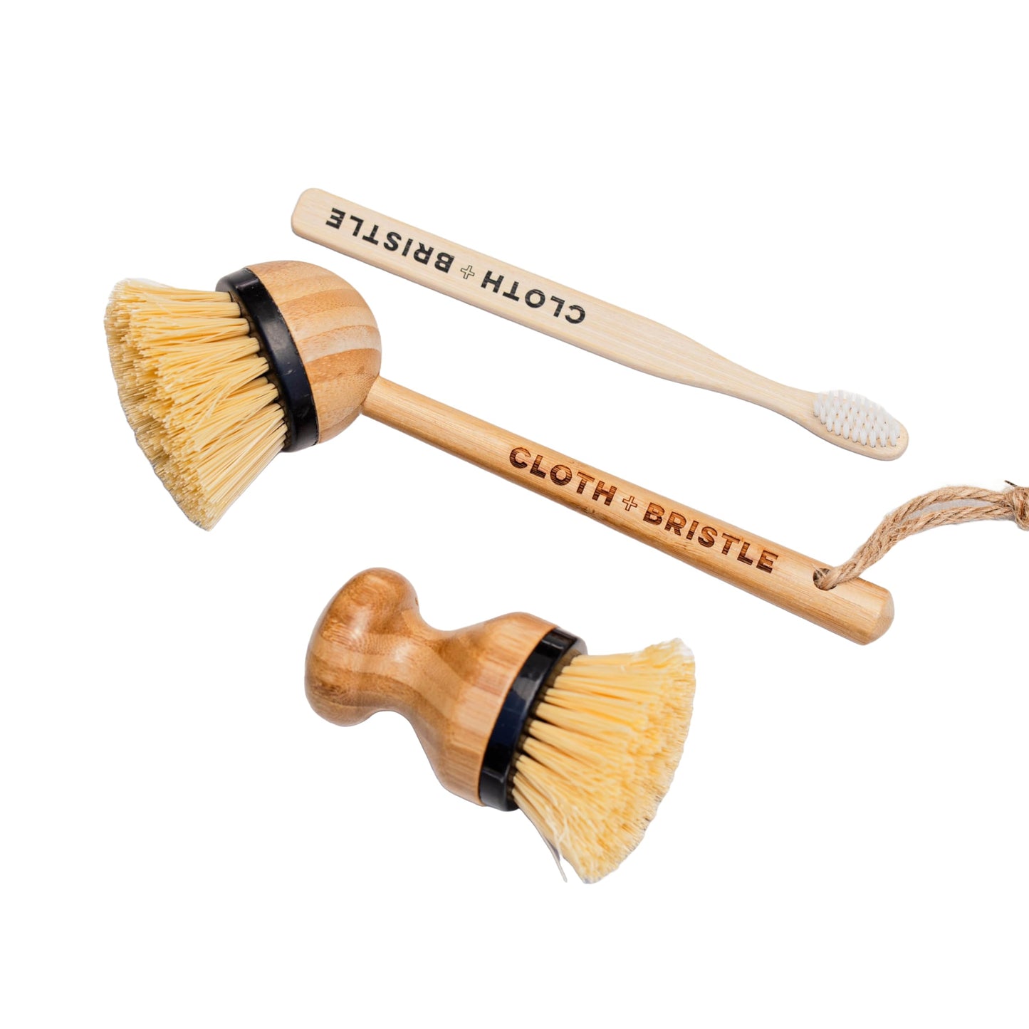 CLOTH & BRISTLE Bamboo Cleaning Brush Combo Set, Versatile Dish Scrub, Pot, and Detail Brushes for Kitchen, Grout, and Household Cleaning, Sustainable