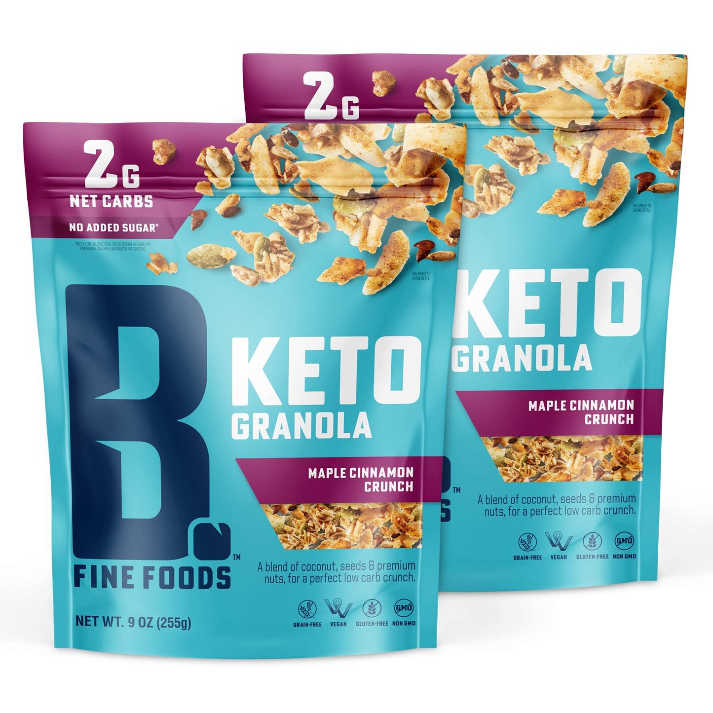 B. Fine Foods - Keto Granola High Protein Snack - Maple Cinnamon Crunch - Breakfast Blend of Coconut, Seeds & Nuts - 2g Net Carbs, Gluten