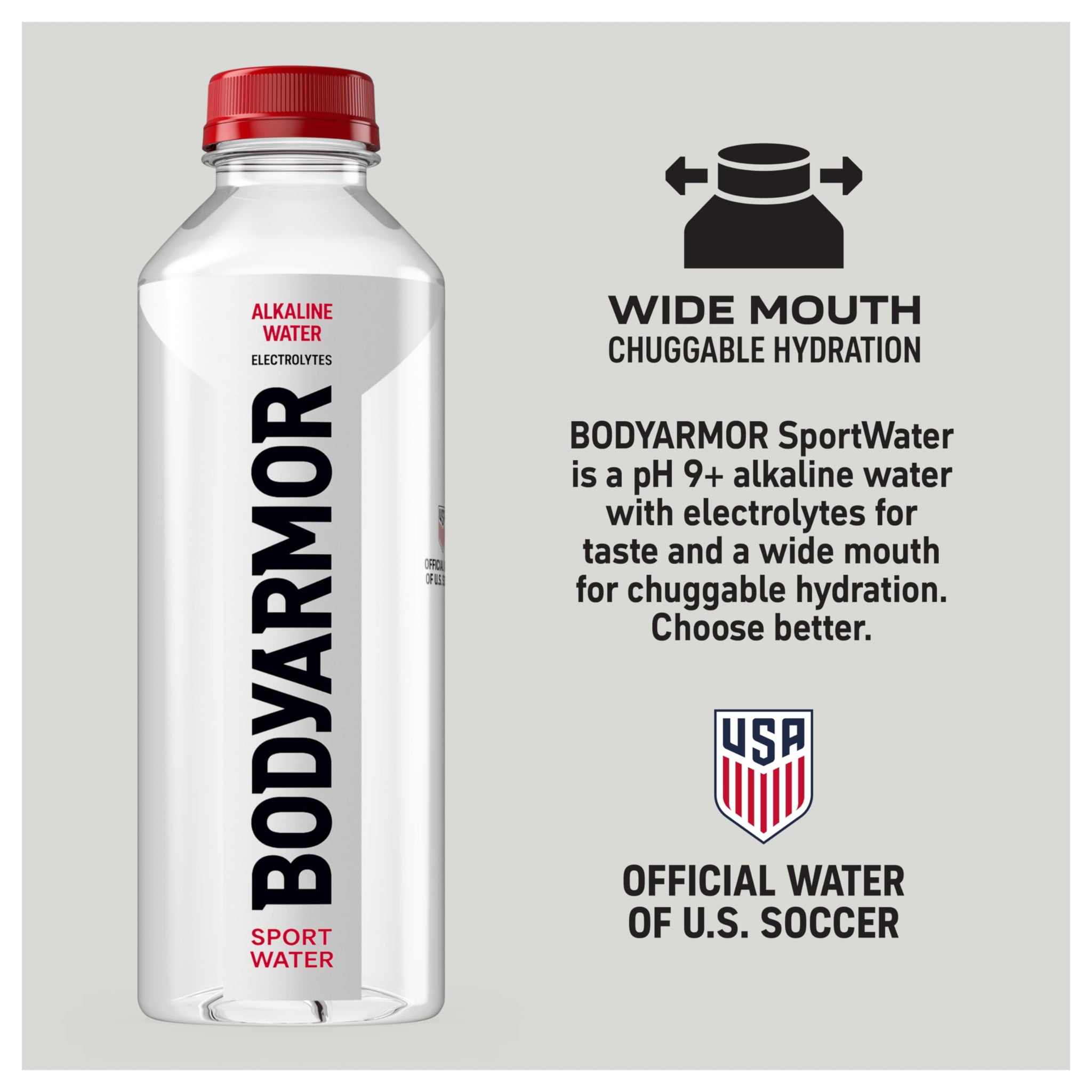 BODYARMOR SportWater Alkaline Water, High Alkaline Bottled Water, pH 9+, 700mL (24 Pack), Refreshing Electrolyte Drink Pack, Wide Mouth Bottle