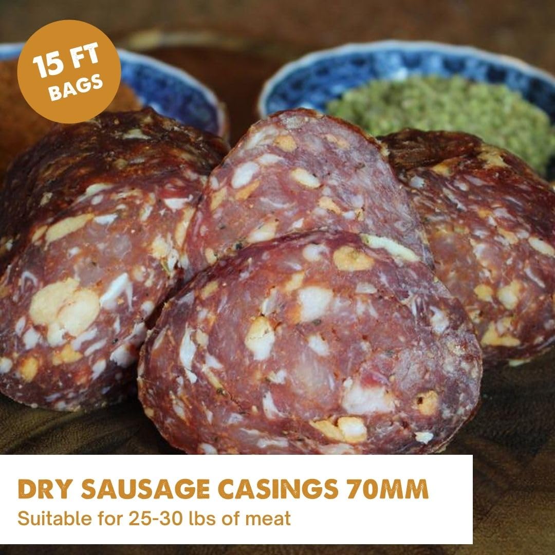 UMAi Dry 70mm Dry Sausage Casings (15 ft) - Make Homemade Salami, Pepperoni & Dry-Cured Sausage, Makes 25-30 lbs of Meat