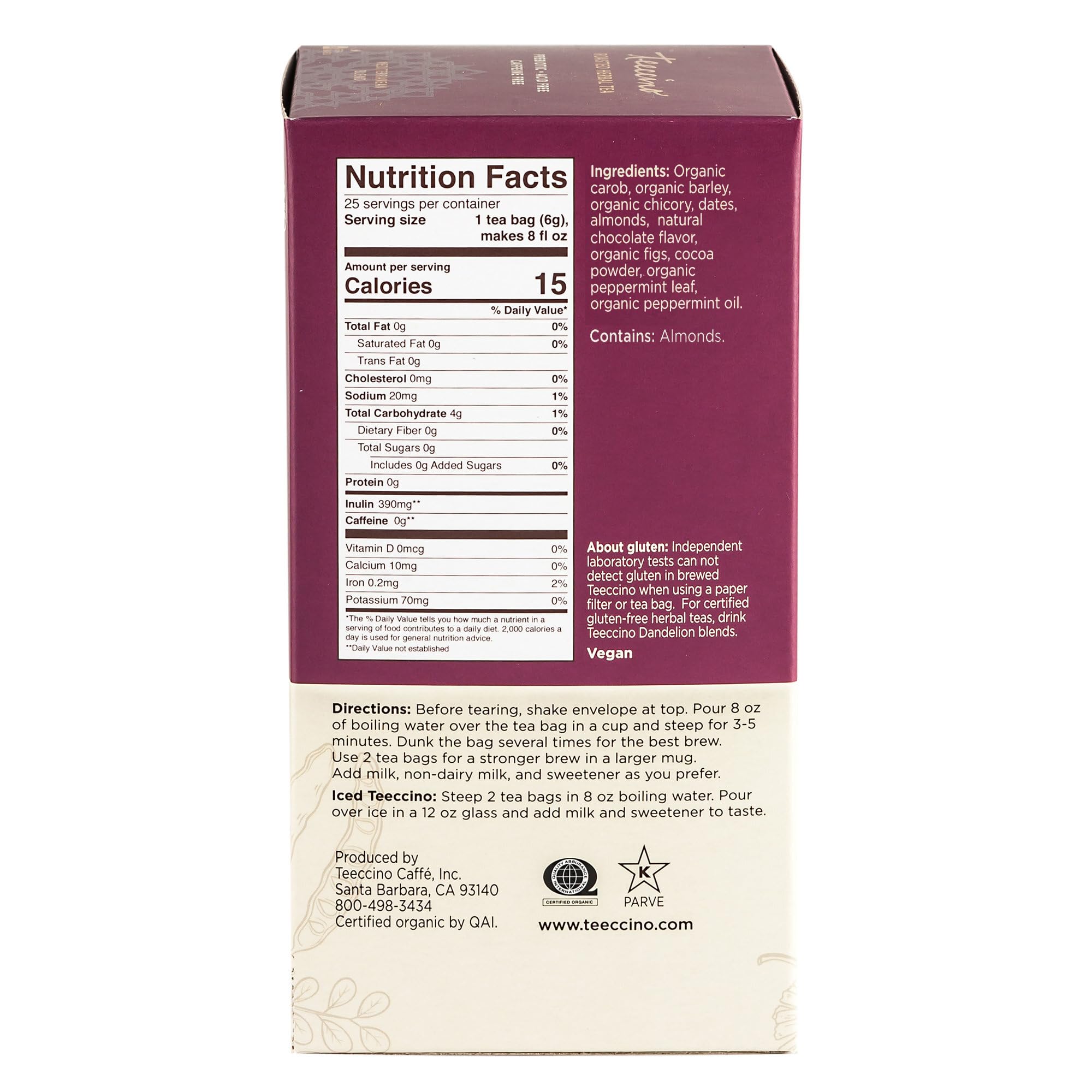 Teeccino Chocolate Peppermint Herbal Tea - Enjoy Hot or Iced Tea with Cooling Peppermint, Cocoa & Chicory, Prebiotic, Caffeine Free, Acid Free, 25 Tea