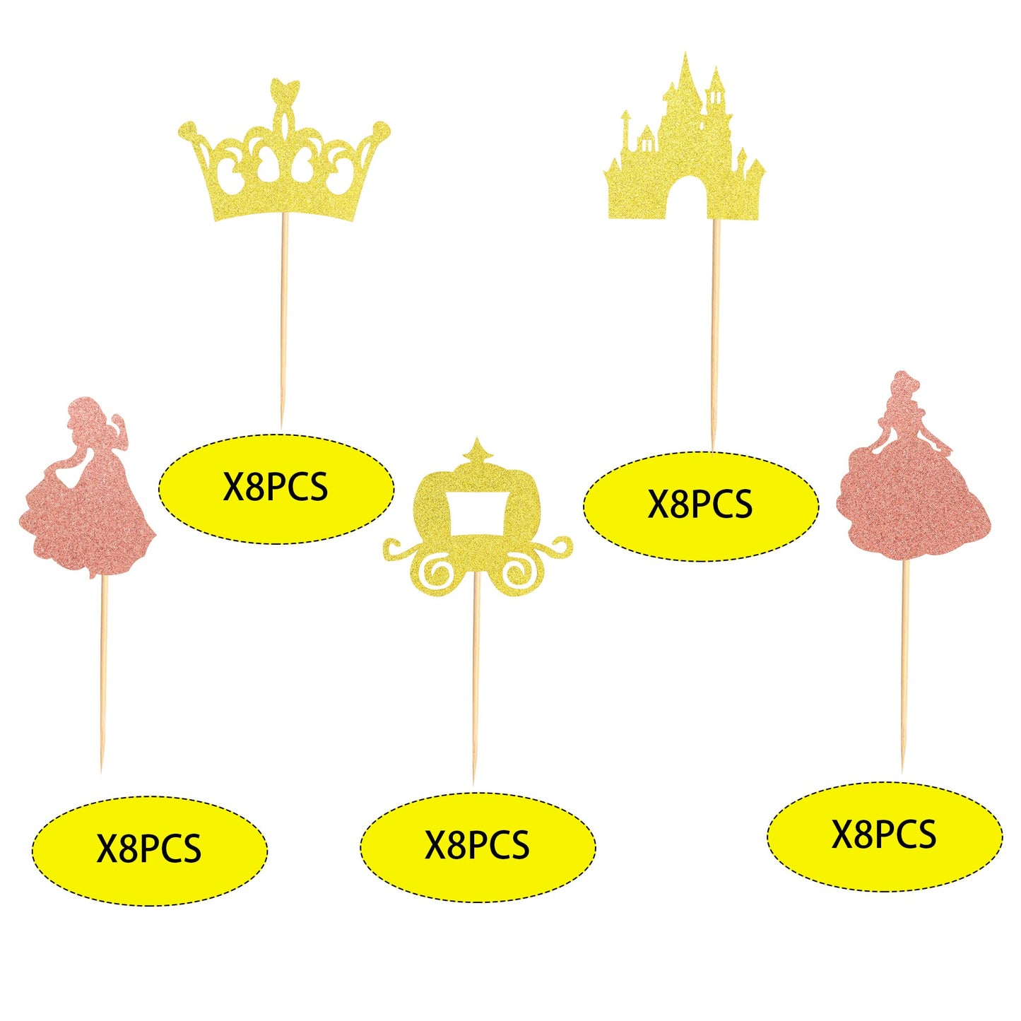 Arthsdite Pack of 40 Pre-Assembled Princess Cupcake Toppers Crown Castle Girl Cupcake Toppers Birthday Fruits Picks for Princess Theme Party