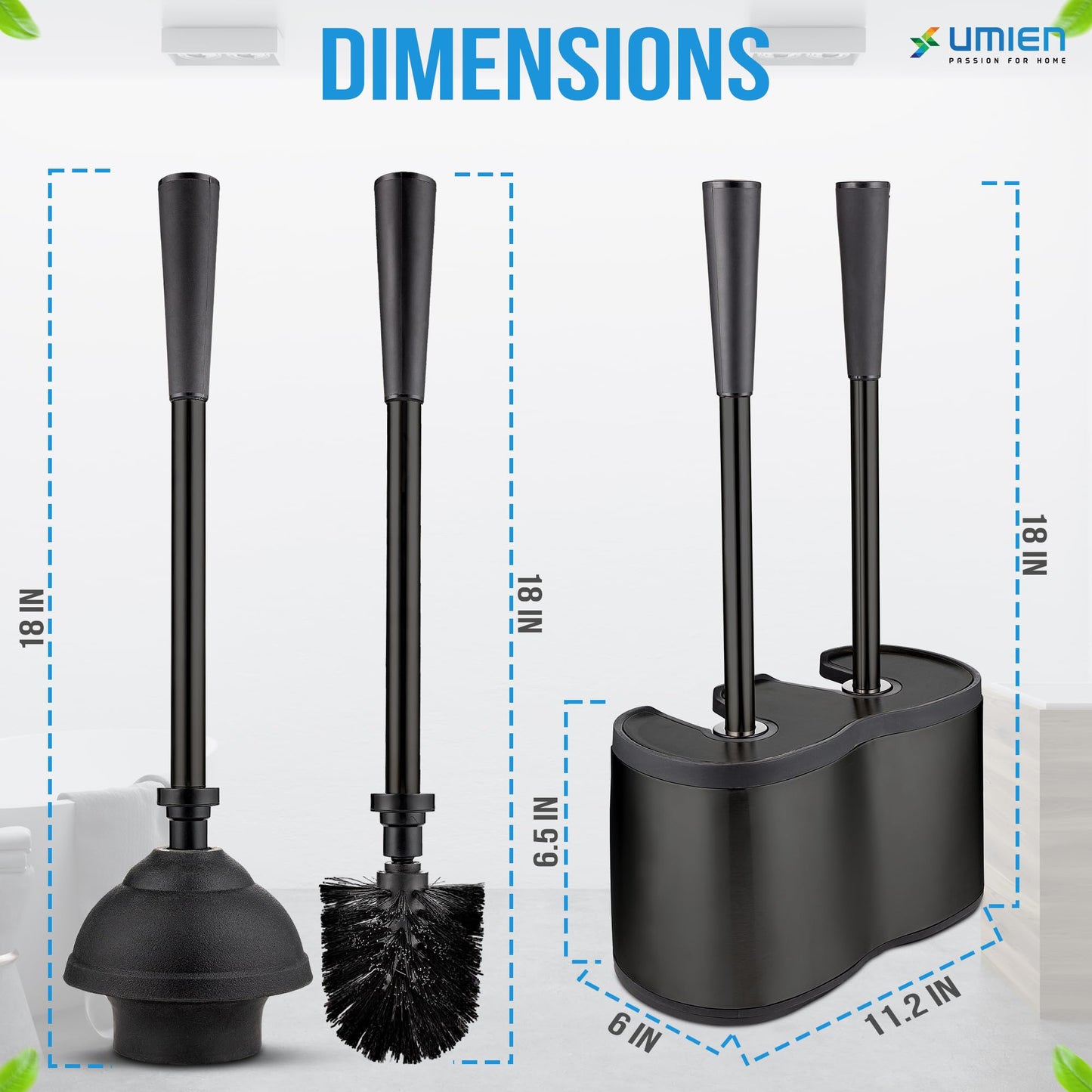 UMIEN Toilet Brush and Plunger Set 18-in - Updated 2025 No-Rust - Stainless Steel Design - Long Handles - with Freestanding Canister (Matte Black)