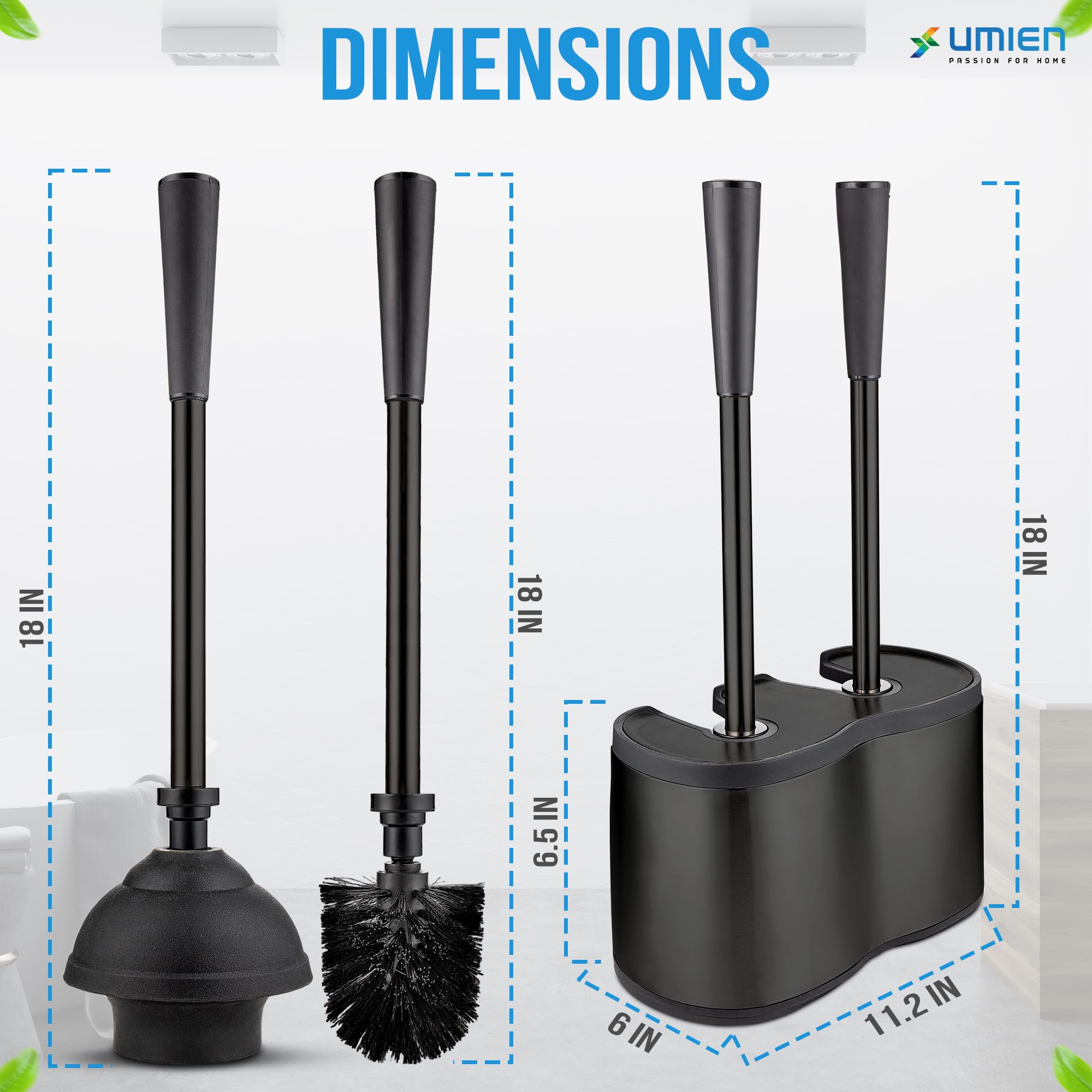 UMIEN Toilet Brush and Plunger Set 18-in - Updated 2025 No-Rust - Stainless Steel Design - Long Handles - with Freestanding Canister (Matte Black)