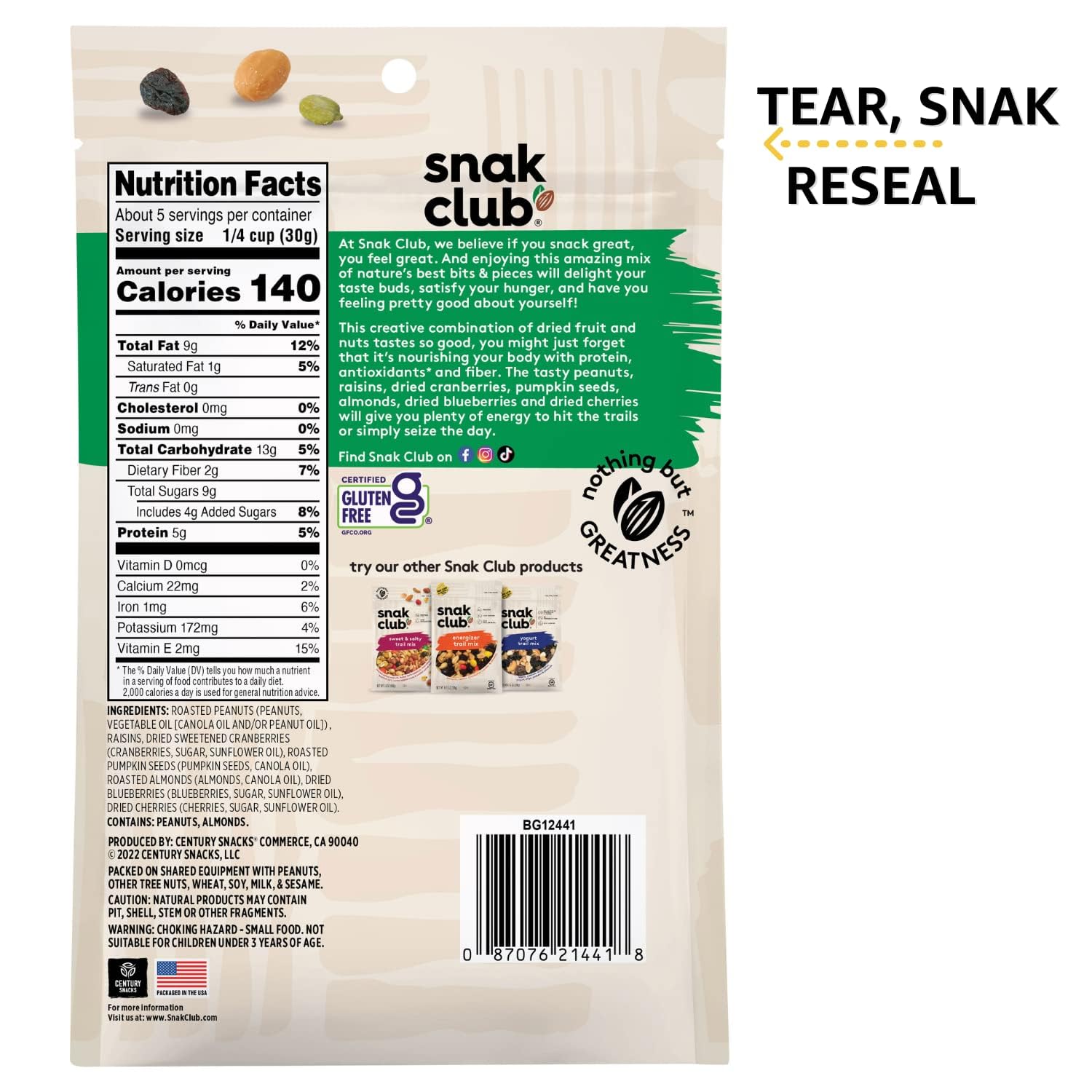 Snak Club Antioxidant Trail Mix 5.5oz (Pack of 6 Resealable Bags)