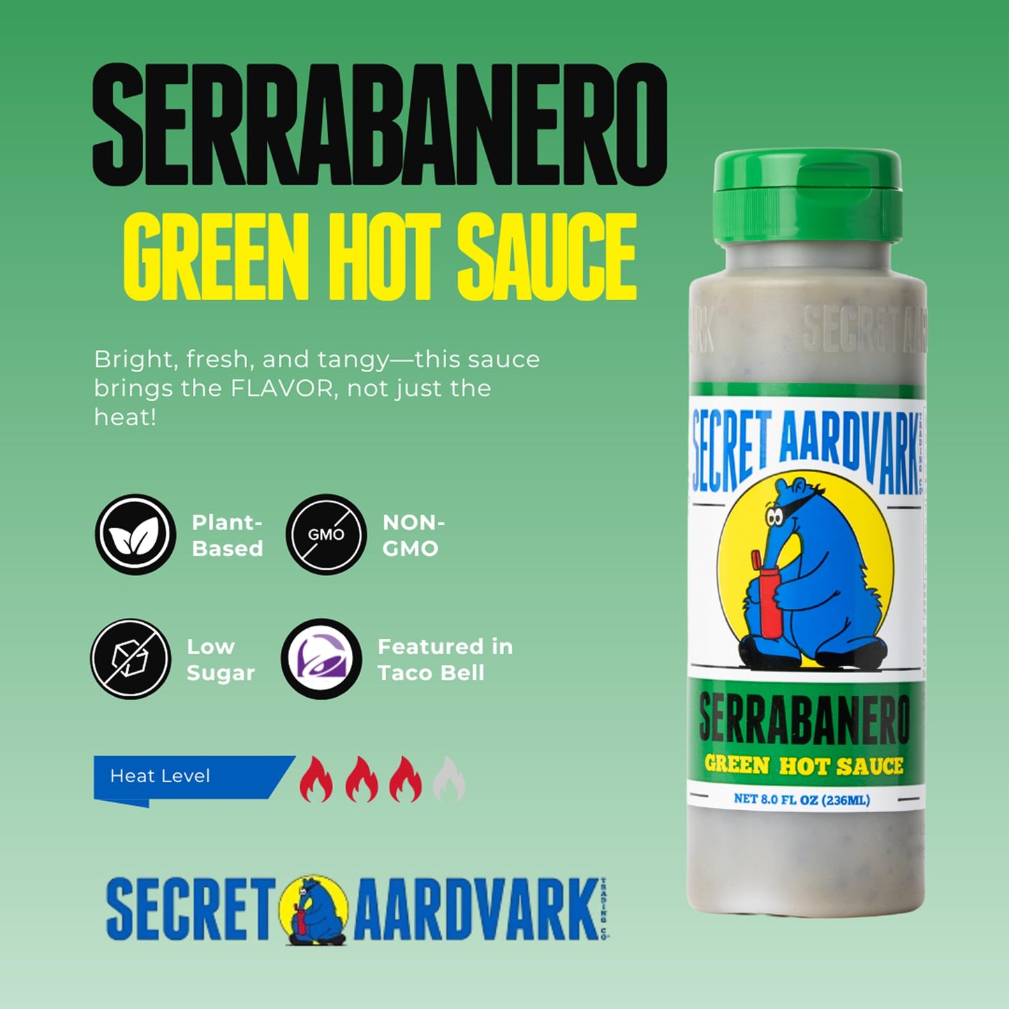 Secret Aardvark Serrabanero Hot Sauce - Serrano & Green Habanero Hot Sauce, Green Spicy Sauce, Non-GMO, Low Carb, Low Sugar Marinade - 8 fl oz 1 Pack
