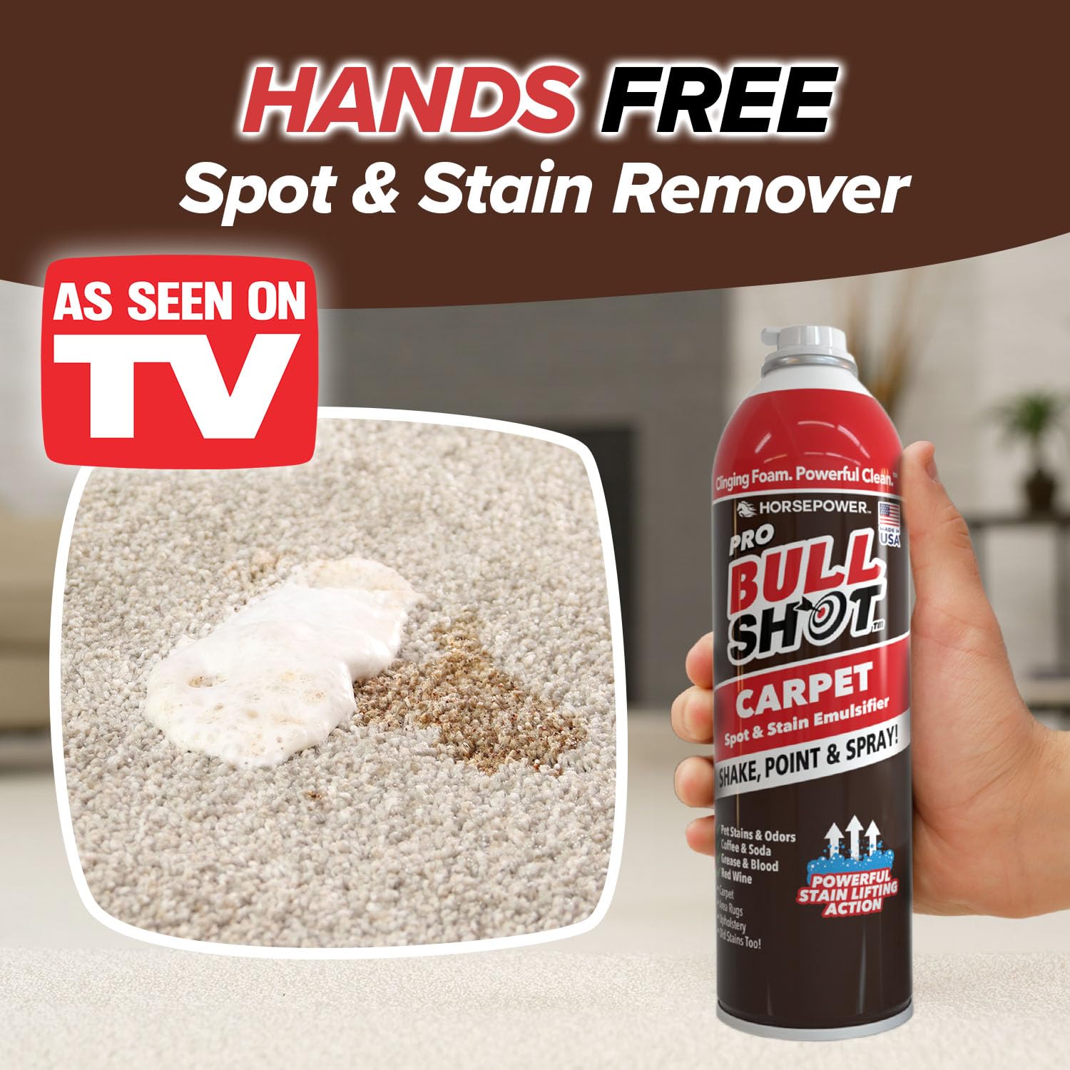 Bull Shot Carpet Spot & Stain Remover, AS SEEN ON TV, Made In USA, Just Point & Spray, Stain-Lifting Foam-Action, Pet Stains & Odors, Coffee, Soda