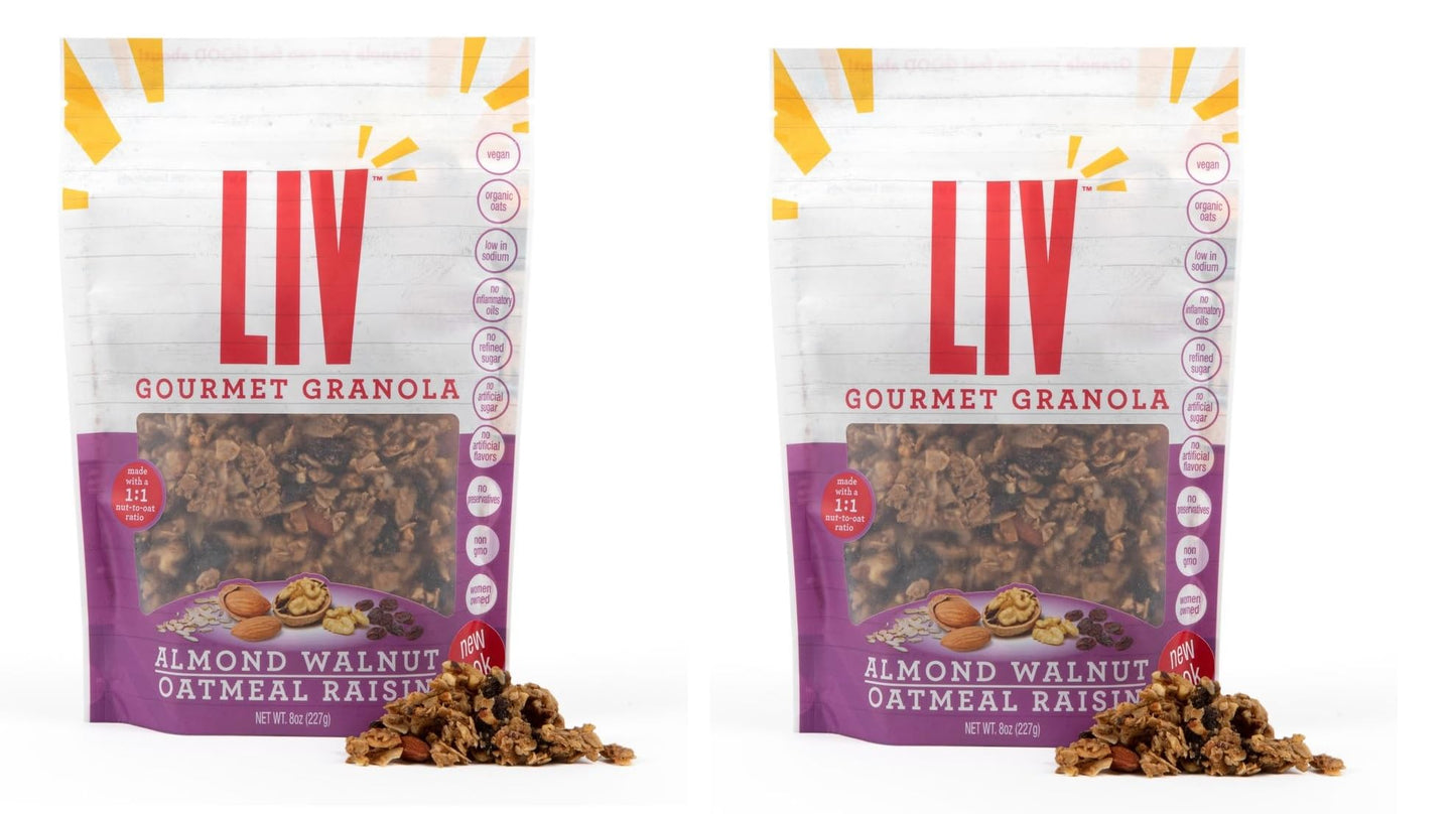 Liv Gourmet Oatmeal Raisin Granola - 8oz (Pack of 2) | Healthy, Nutrient-Dense Snack, Breakfast Cereal | 1:1 Nut-to-Oat Ratio | Non-GMO, Low Sugar