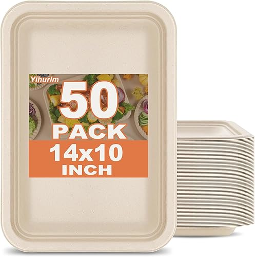 Yihurlm 50 Pack Disposable Food Trays,14 Inch Extra Large Paper Plates,Heavy Duty Disposable Trays,Compostable Food Serving Trays, Biodegradable