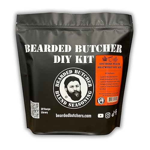 Bearded Butchers Southern Peach Bratwurst DIY Kit - Make Legendary Sweet & Savory Homemade Brats - Includes Maple Seasoning, 32mm Collagen Casings