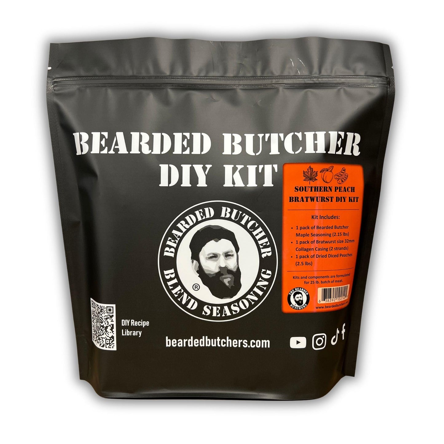 Bearded Butchers Southern Peach Bratwurst DIY Kit - Make Legendary Sweet & Savory Homemade Brats - Includes Maple Seasoning, 32mm Collagen Casings