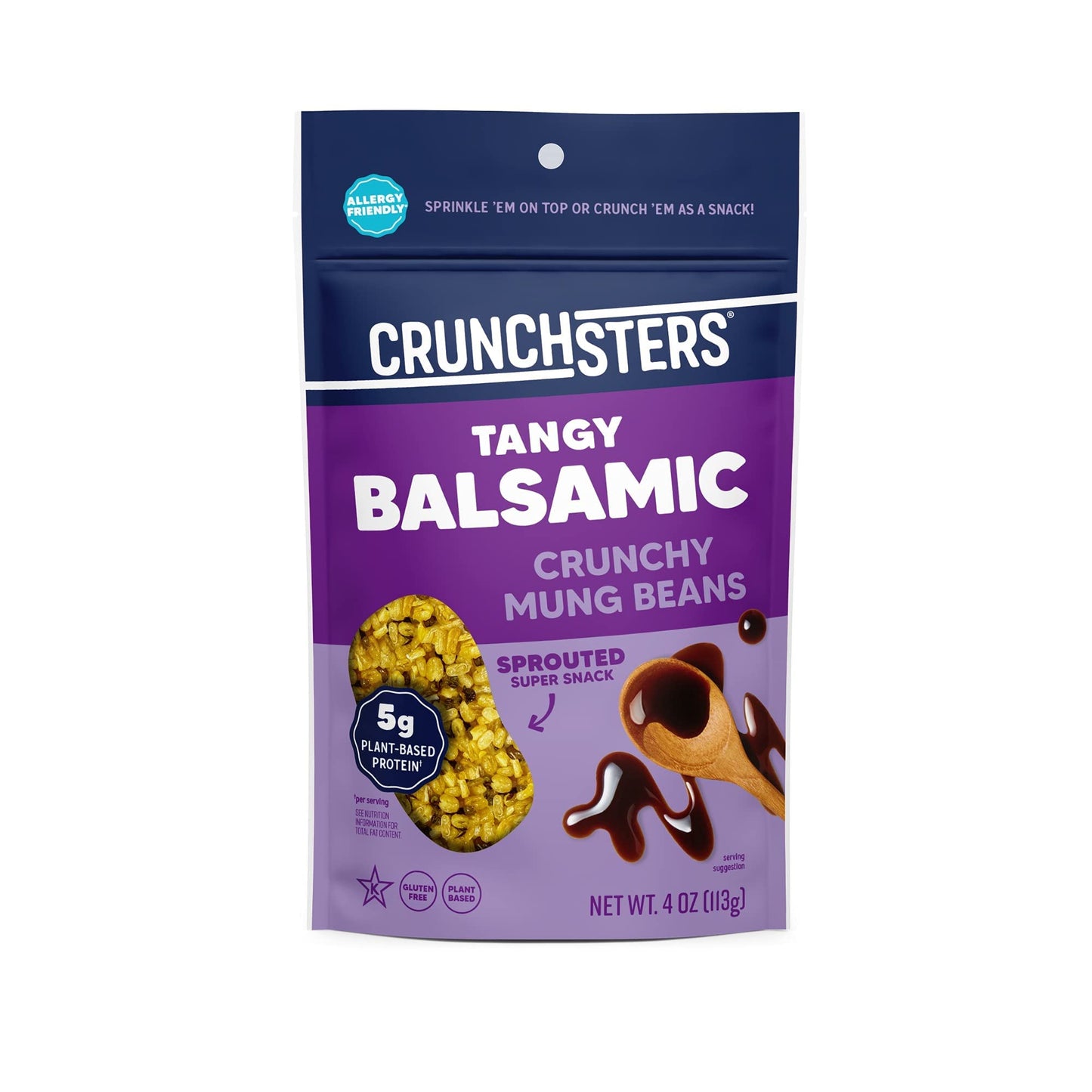 Crunchsters Sprouted Mung Beans, Plant-Based Protein Super-Snack and Salad Topper, Gluten-Free, Nut-Free, Vegan, 5g Protein/Serving, 4oz. Bags, Tangy