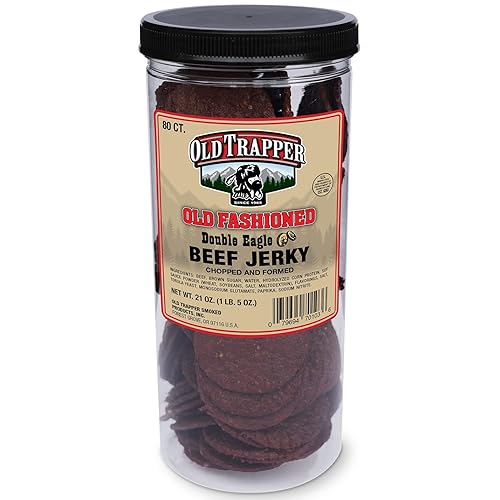 Old Trapper Double Eagle Beef Jerky, Old-Fashioned Flavor, 21oz. 80-Piece Jar, Natural Wood Smoked Meat Snacks, 10 Grams of Protein and 80 Calories