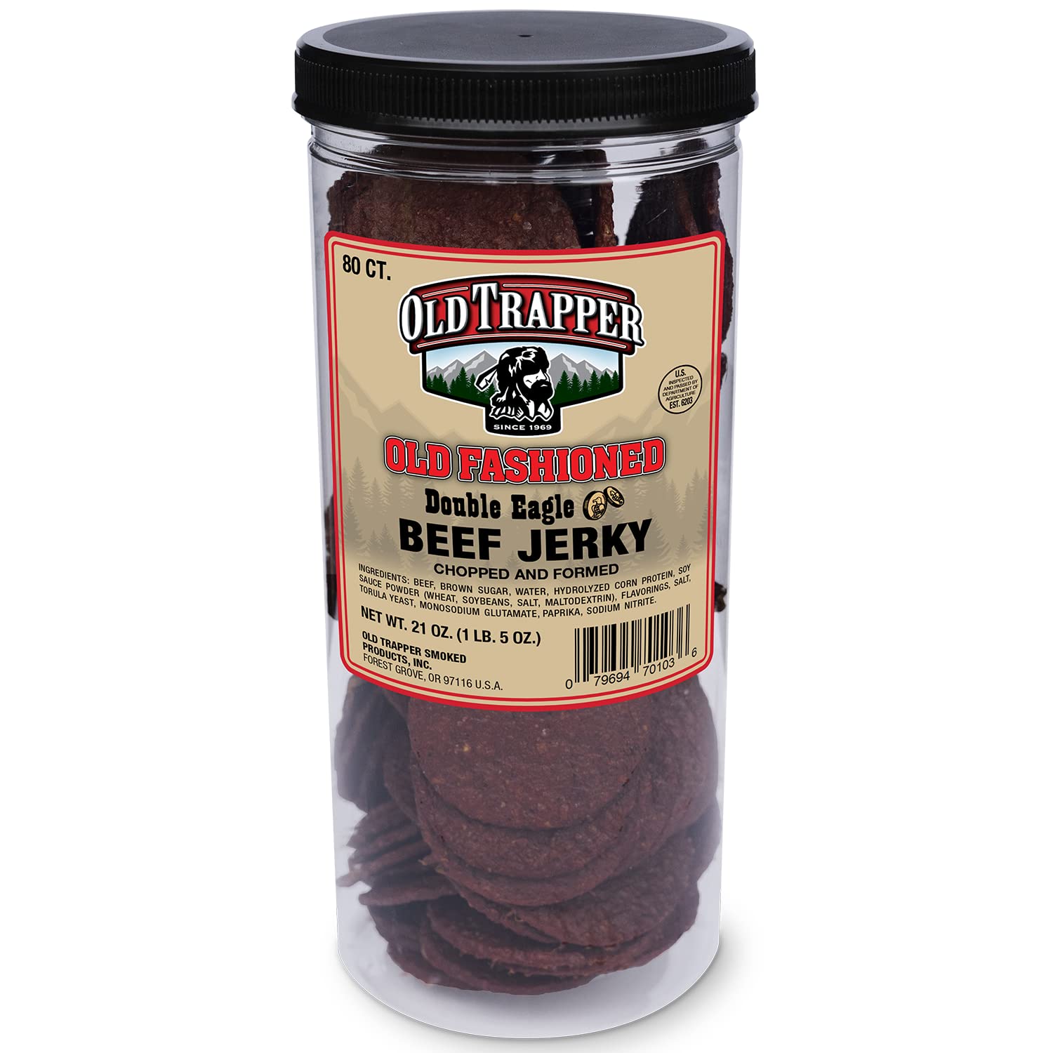 Old Trapper Double Eagle Beef Jerky, Old-Fashioned Flavor, 21oz. 80-Piece Jar, Natural Wood Smoked Meat Snacks, 10 Grams of Protein and 80 Calories