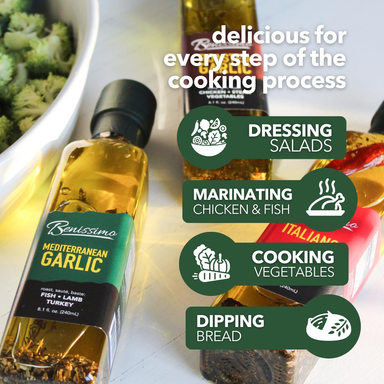 Benissimo Mediterranean Garlic Infused Oil, All Natural Gourmet Cooking Oil with Fragrant Mediterranean Herb Blend, Ideal for Dipping, Sautéing