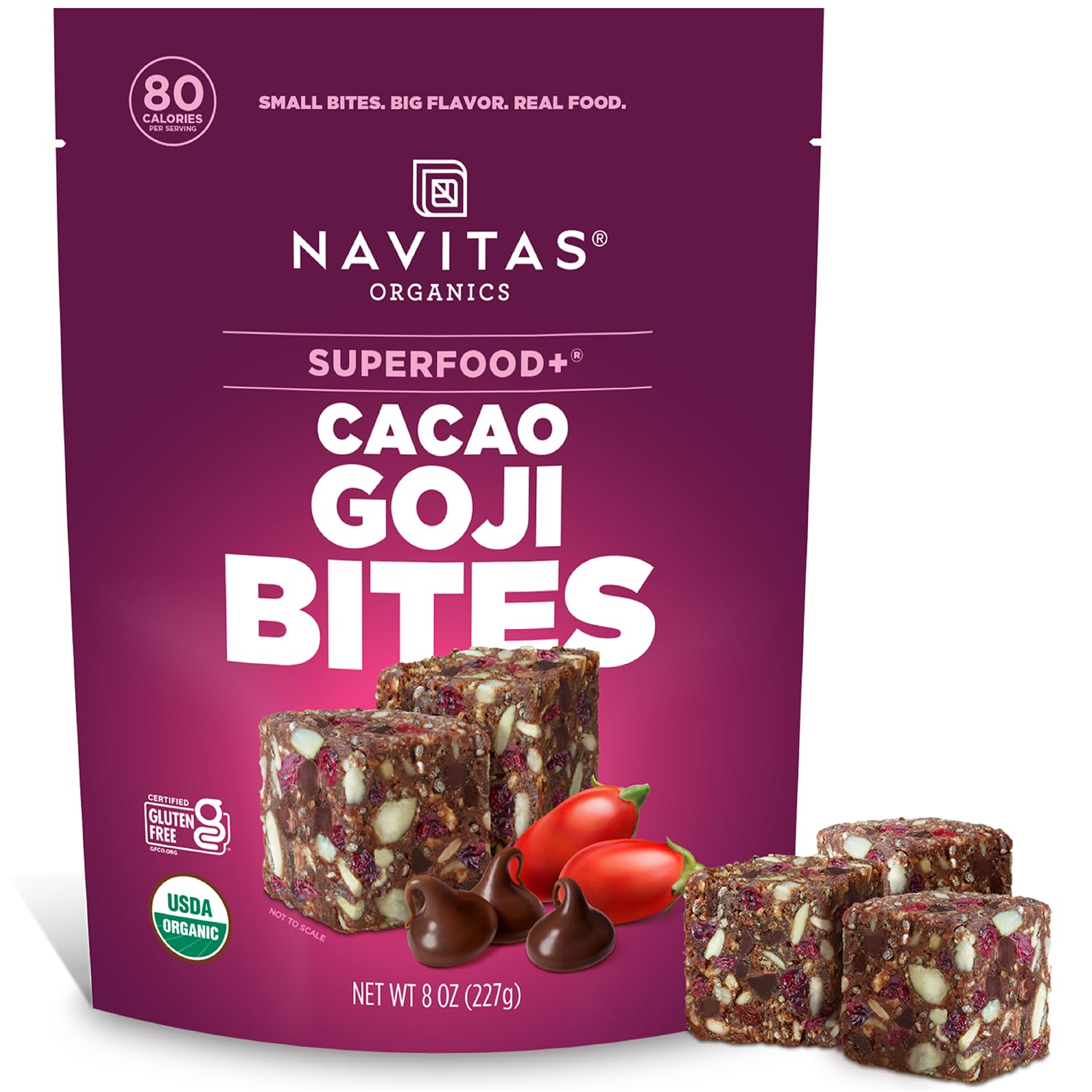 Navitas Organics Cacao Goji Superfood+ BITES - Power Snacks - All Natural Plant Based - Clean Energy & Nutrition - USDA Organic, Non GMO, Gluten Free