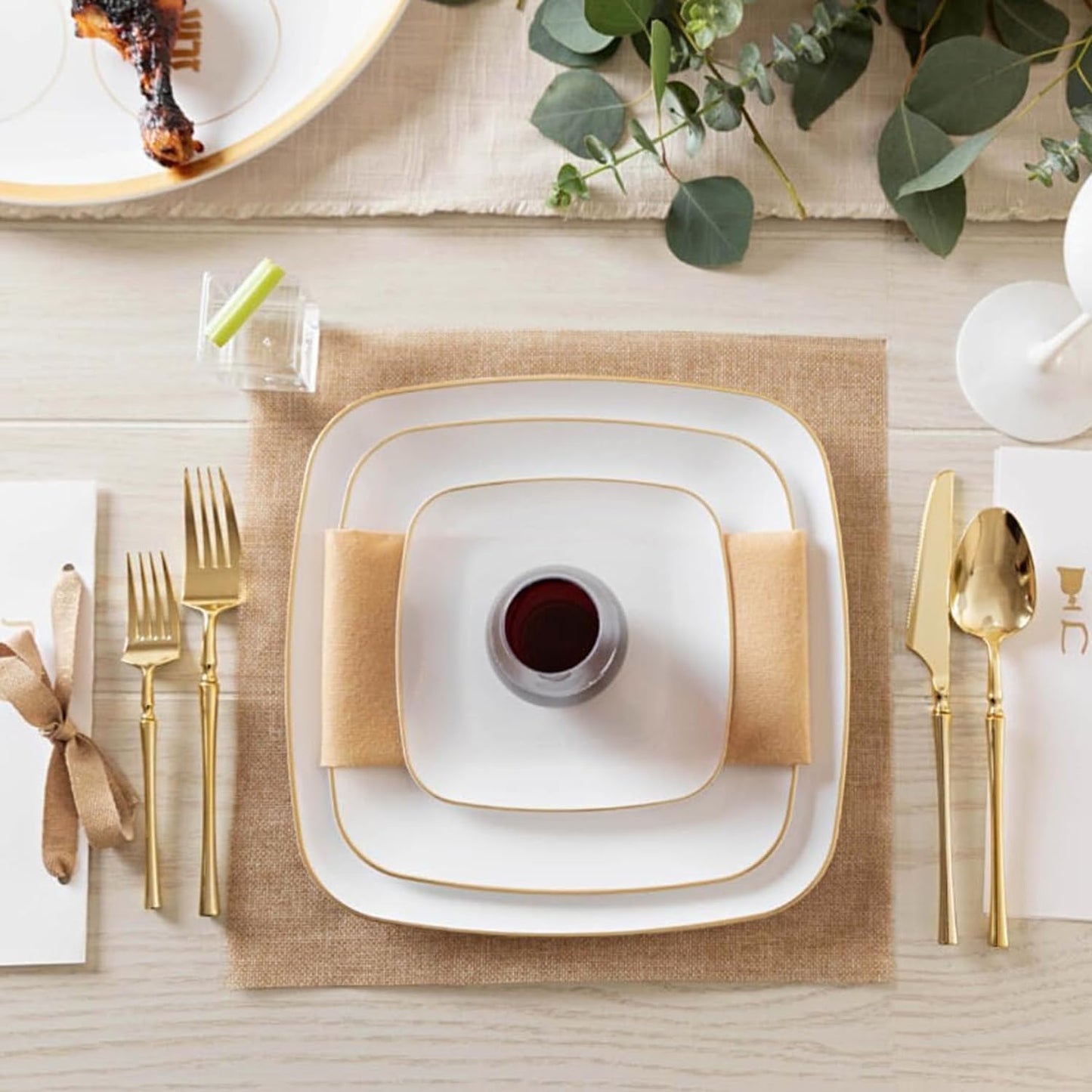 Blue Sky Organic White Square Plates Combo (32 Count) | Premium Plastic Plates: 7.25" & 10" | Gold-Rimmed Disposable Dinnerware Party Essentials