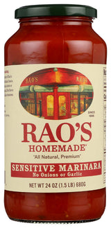 Rao's Homemade Tomato Sauce, Sensitive Formula, 24 oz, Pasta Sauce, Carb Conscious, Keto Friendly, All Natural, Premium Quality, No Onions or Garlic