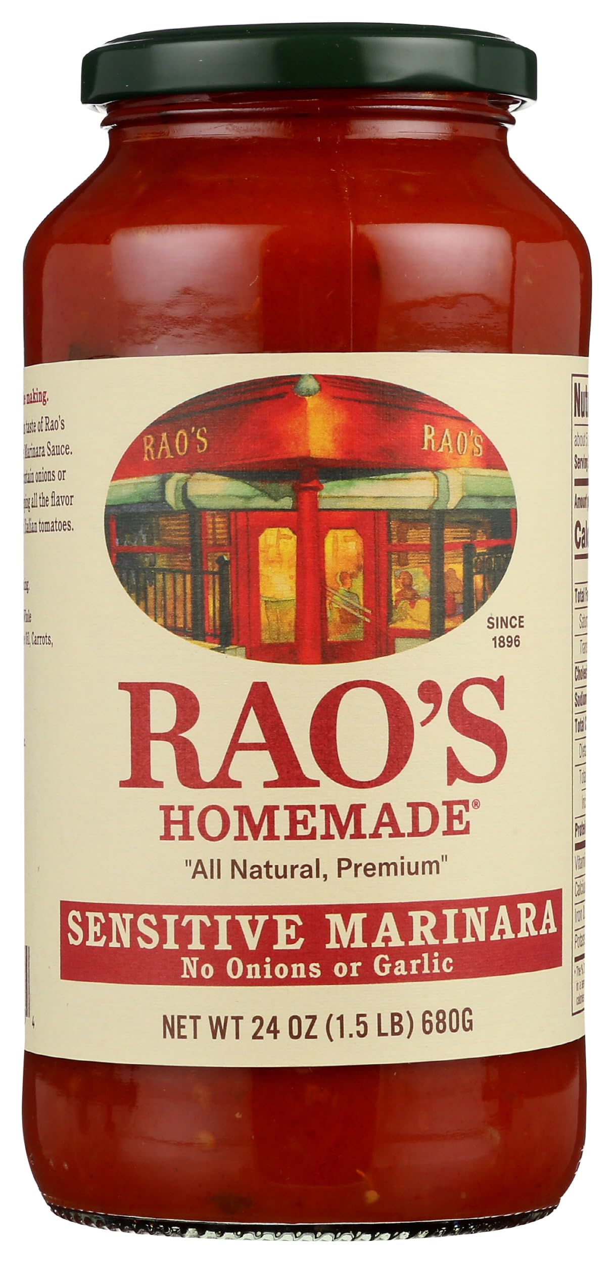Rao's Homemade Tomato Sauce, Sensitive Formula, 24 oz, Pasta Sauce, Carb Conscious, Keto Friendly, All Natural, Premium Quality, No Onions or Garlic