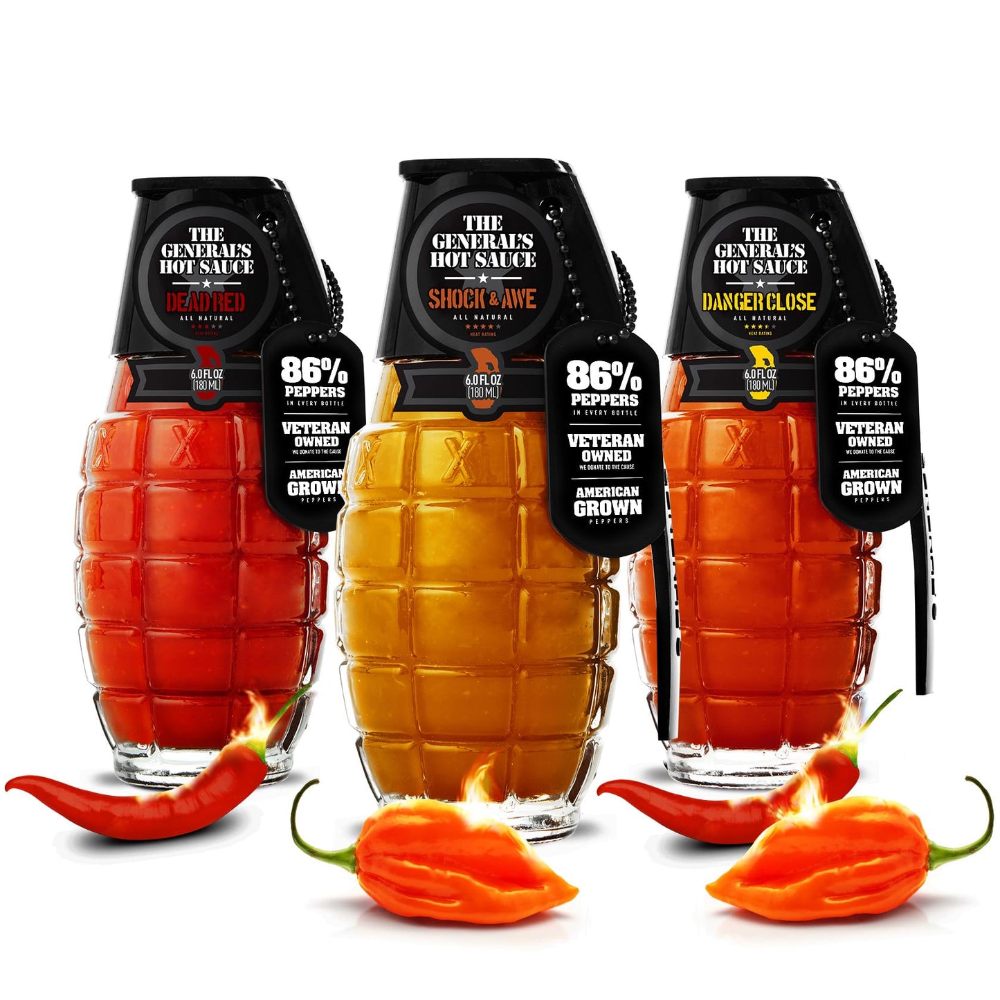 The General's Hot Sauce Gift Set, Heat Seeker Gourmet Variety 6 oz 3-Pack, Habanero & Cayenne Peppers, 3/5-4/5 Heat, Natural Spicy Sauce for Wings