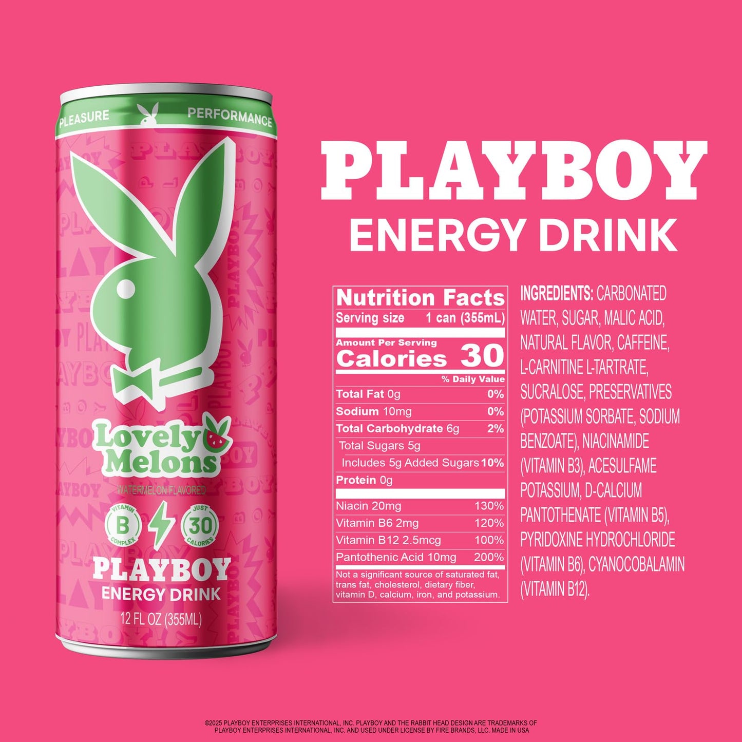 PLAYBOY Energy Drink - Lovely Melons (Watermelon) - 12 Pack of 12oz Cans | Performance + Pleasure Energy | NextGen Lifestyle Drink
