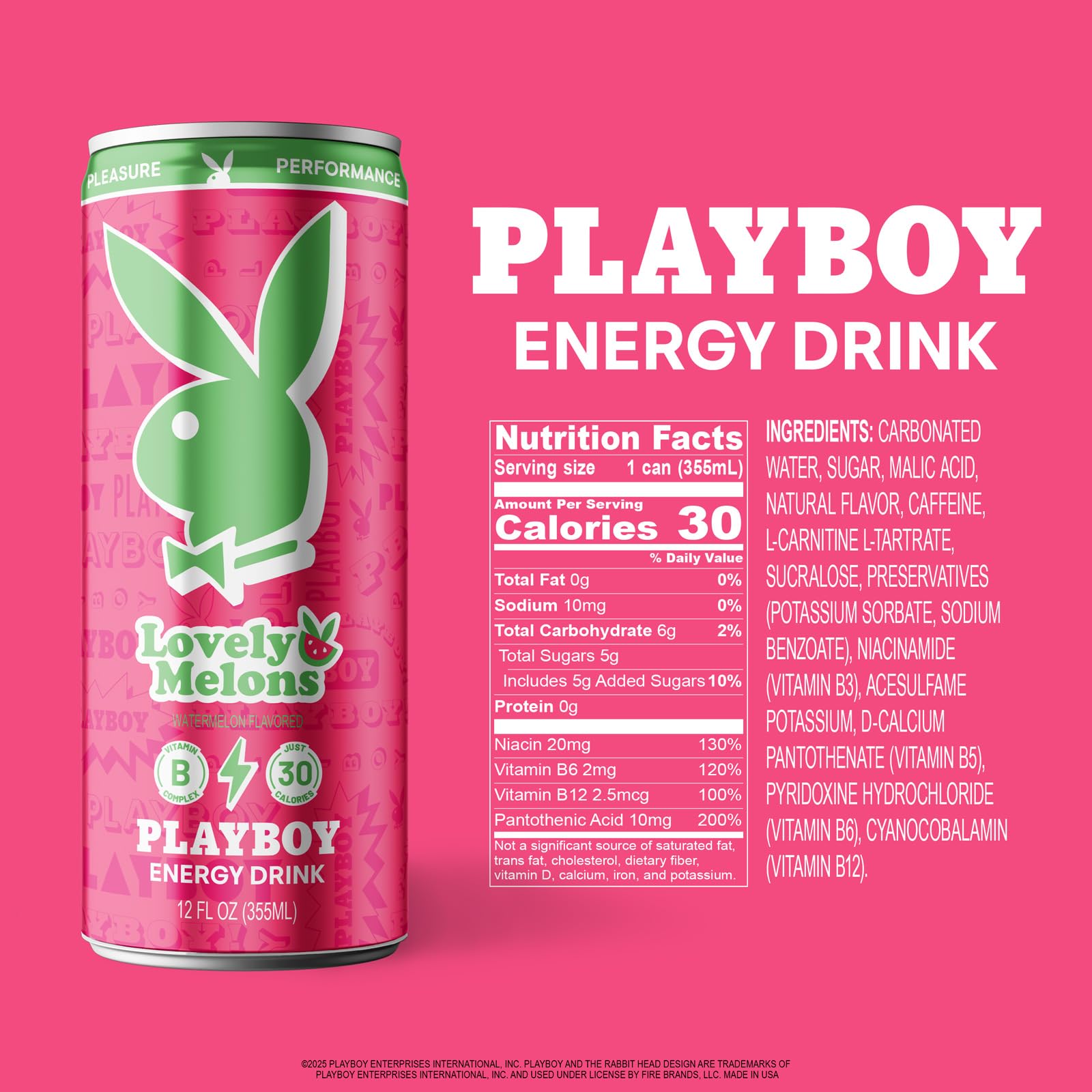 PLAYBOY Energy Drink - Lovely Melons (Watermelon) - 12 Pack of 12oz Cans | Performance + Pleasure Energy | NextGen Lifestyle Drink
