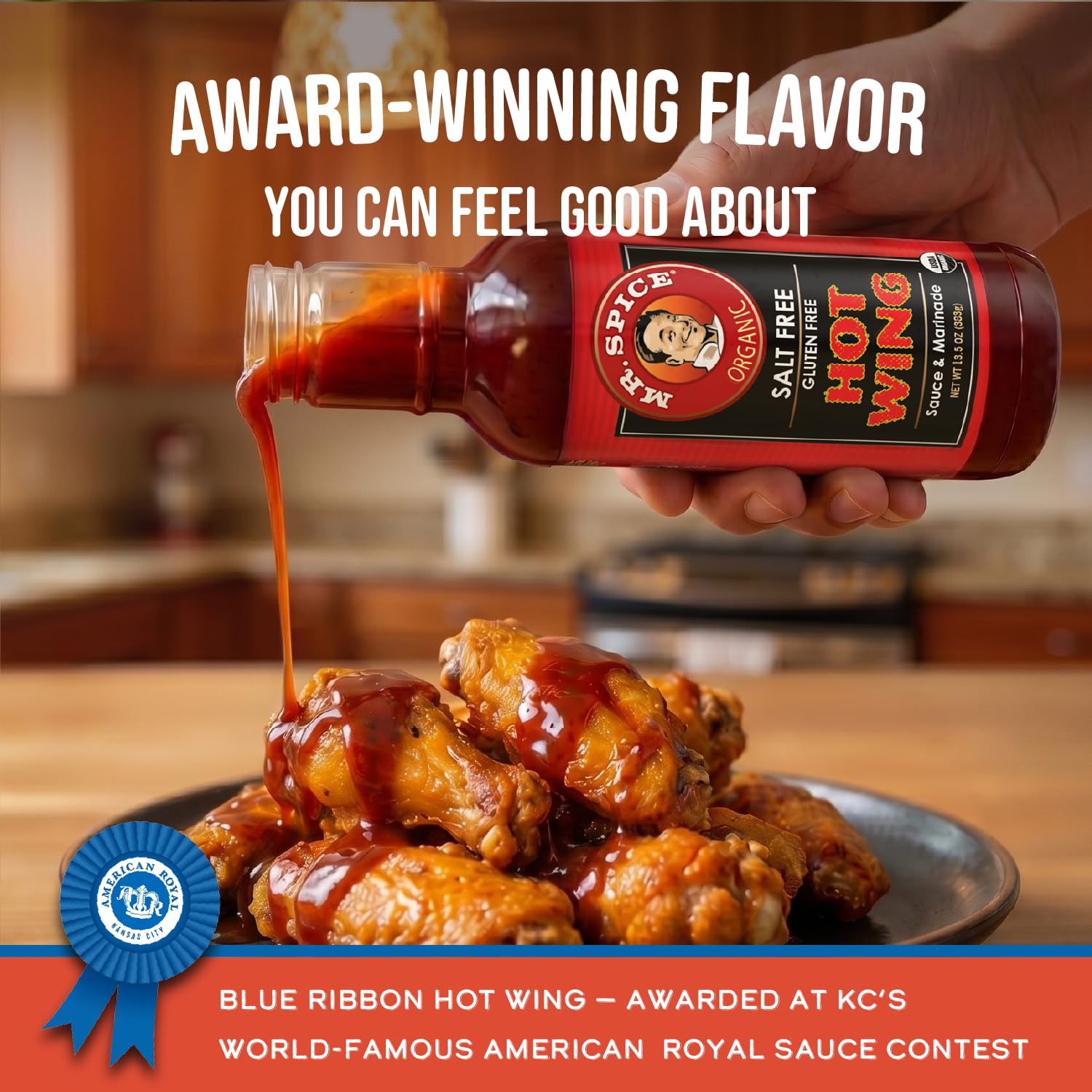 Mr. Spice Organic Hot Wing Sauce, Salt Free Hot Wing Sauce (0mg/serving), Gluten Free, Low Sodium Sauces for Marinade, Grill & Air Fryer, No Salt