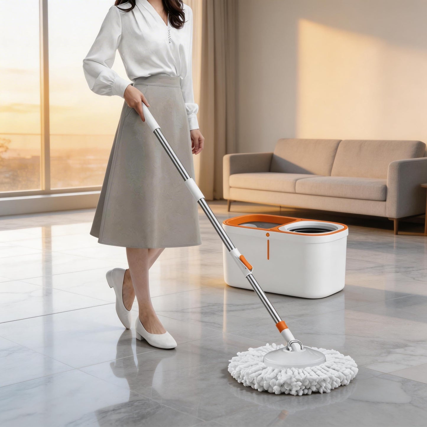 Spin Mop Bucket with Wringer System Extended Mop Handle 61?Mop and Bucket for Floors Cleaning with 5 Replacement Head Refill 1 Cleaning Brush Head
