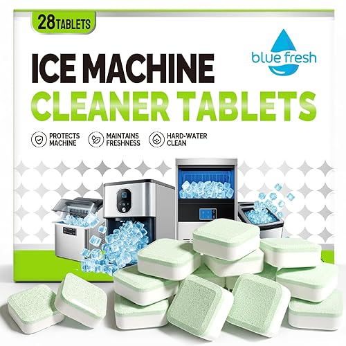 blue fresh Ice Machine Cleaner Tablets for Hard Water - 28 Pack Nickel Safe Scale Removal for Countertop Portable Commercial Nugget Ice Makers