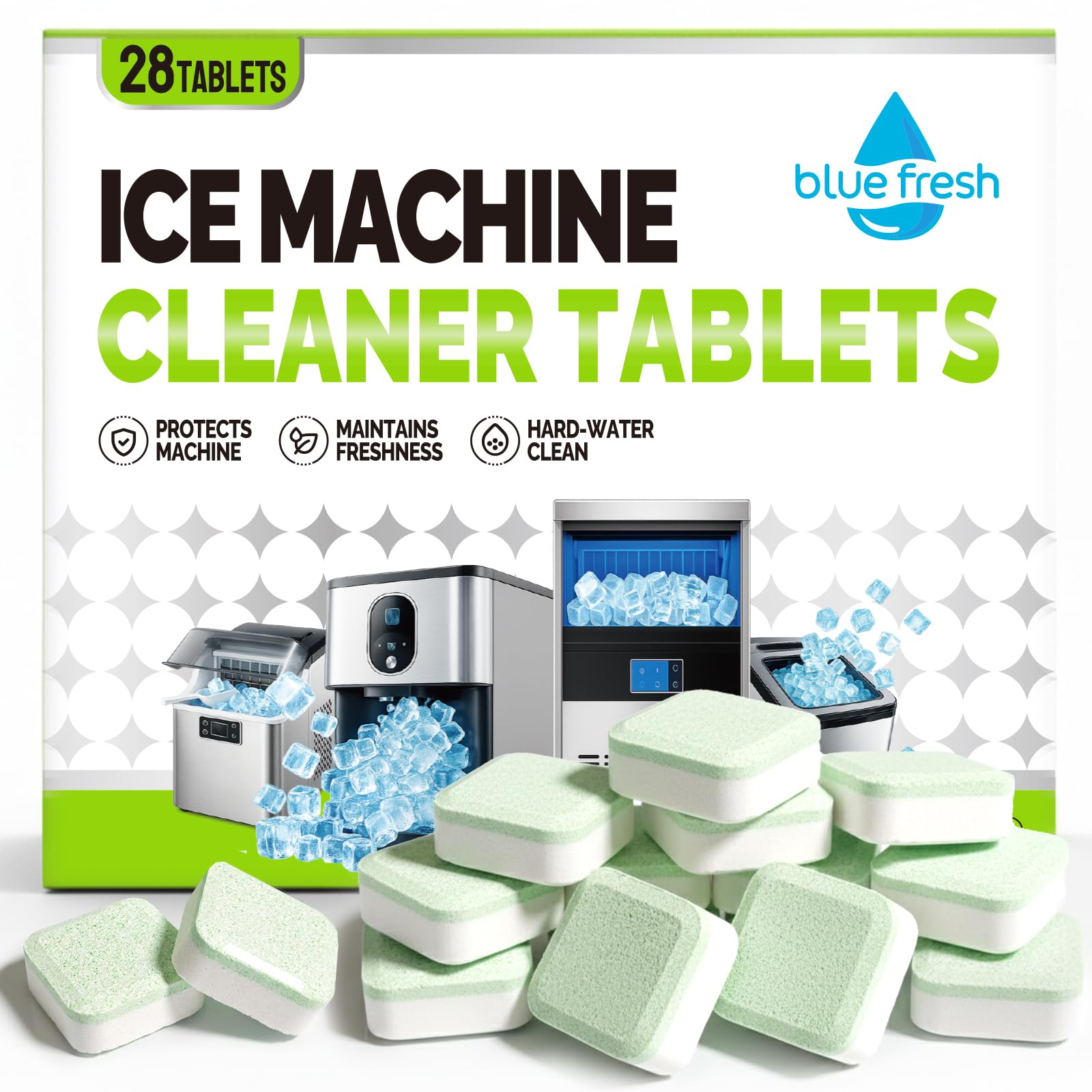 blue fresh Ice Machine Cleaner Tablets for Hard Water - 28 Pack Nickel Safe Scale Removal for Countertop Portable Commercial Nugget Ice Makers