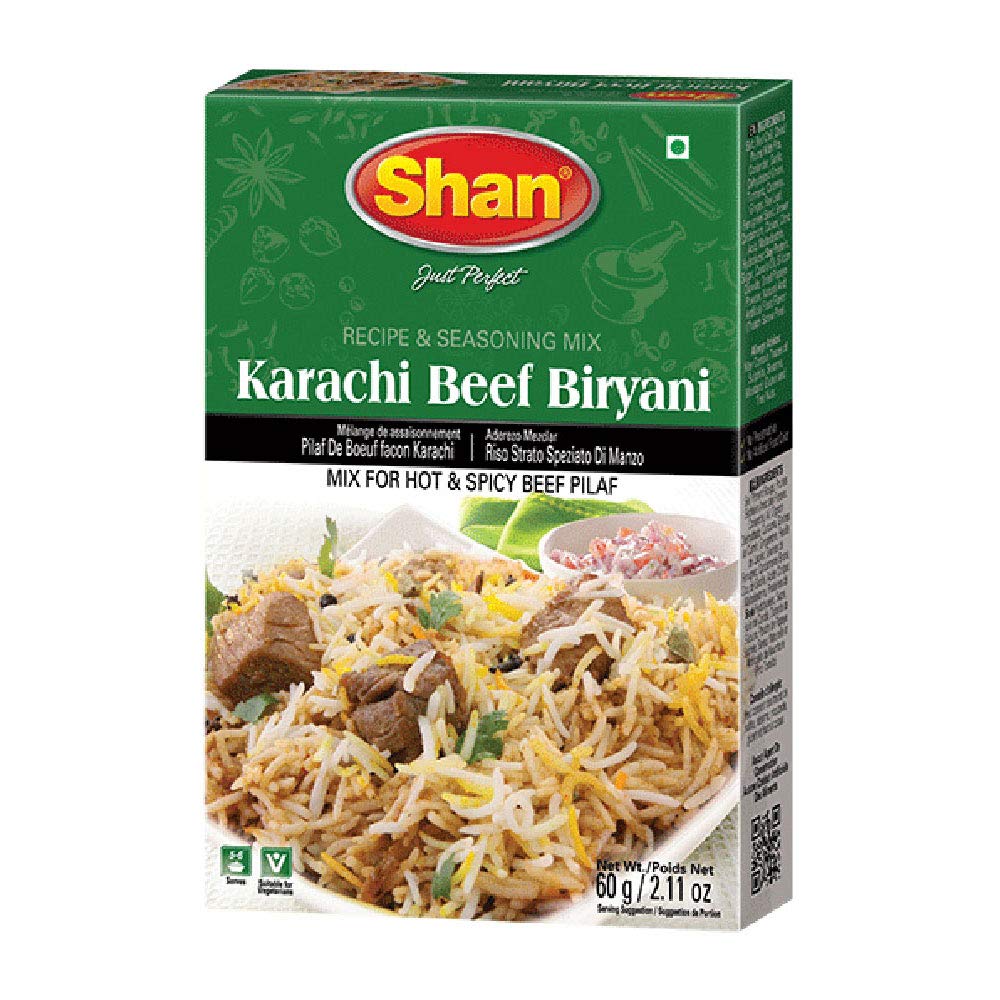 Shan Karachi Beef Biryani Recipe and Seasoning Mix 2.11 oz (60g) - Spice Powder for Hot and Spicy Beef Pilaf - Suitable for Vegetarians - Airtight Bag