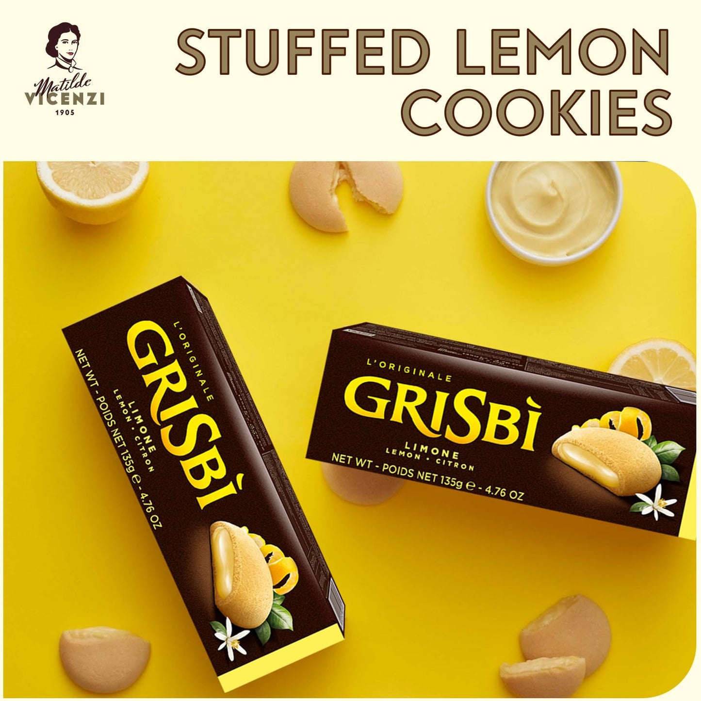 Grisbi Lemon Shortbread by Pasticceria Matilde Vicenzi, Sweet Lemon Cream Filled Patisserie Pastry Cookie, All-Natural, Kosher Dairy, Made in Italy