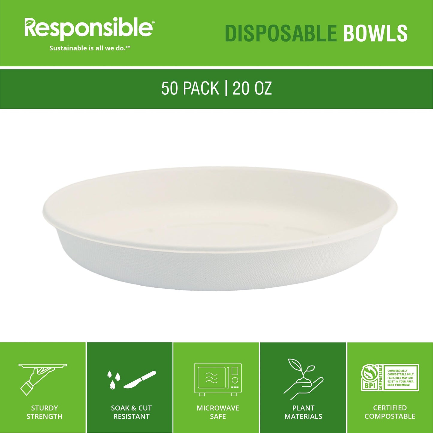Responsible Products 20 oz Oval Disposable Bowls I Tree-Less™ Compostable Molded Fiber Burrito Bowls I Extra Strength I NO-PFAS I Classic White (50