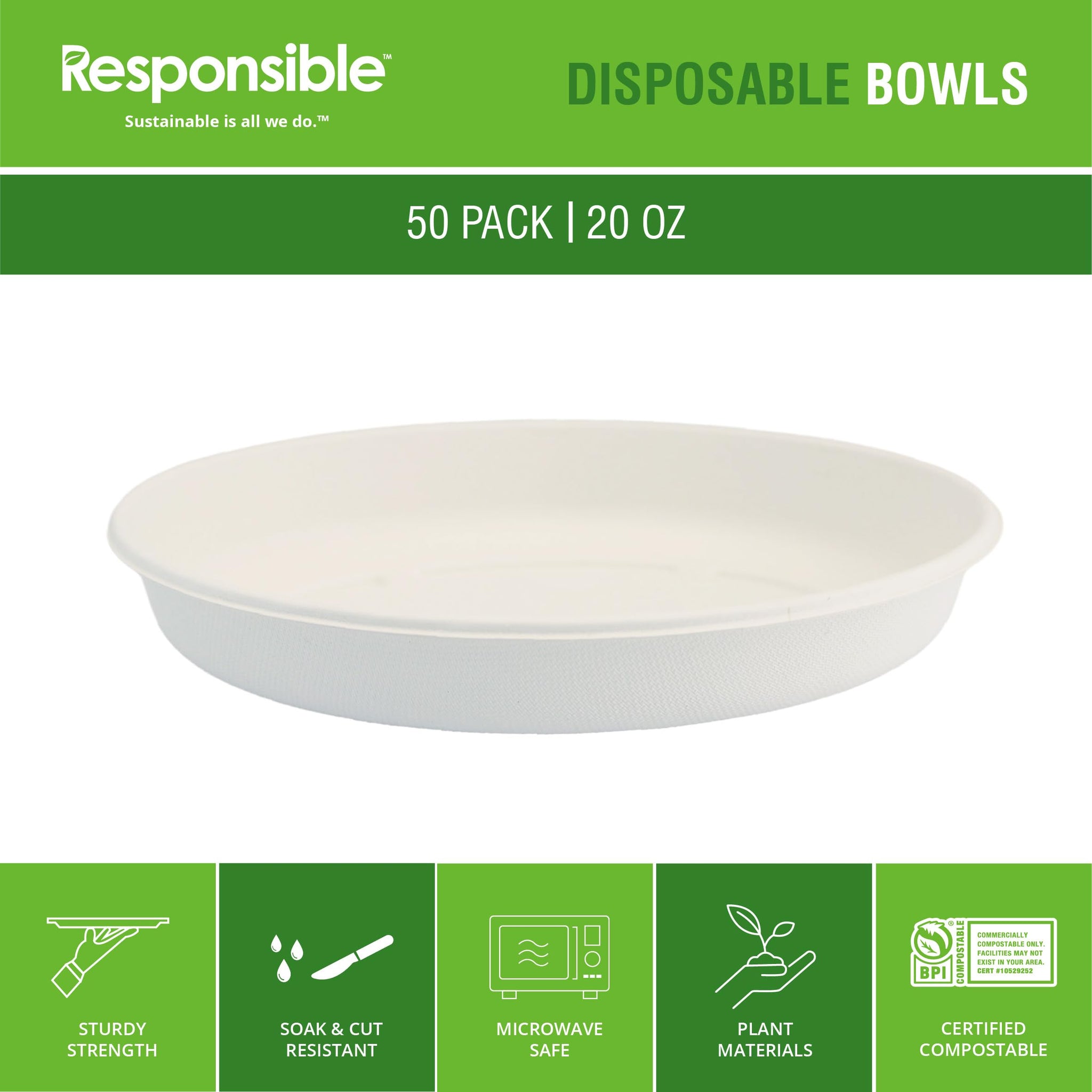 Responsible Products 20 oz Oval Disposable Bowls I Tree-Less™ Compostable Molded Fiber Burrito Bowls I Extra Strength I NO-PFAS I Classic White (50