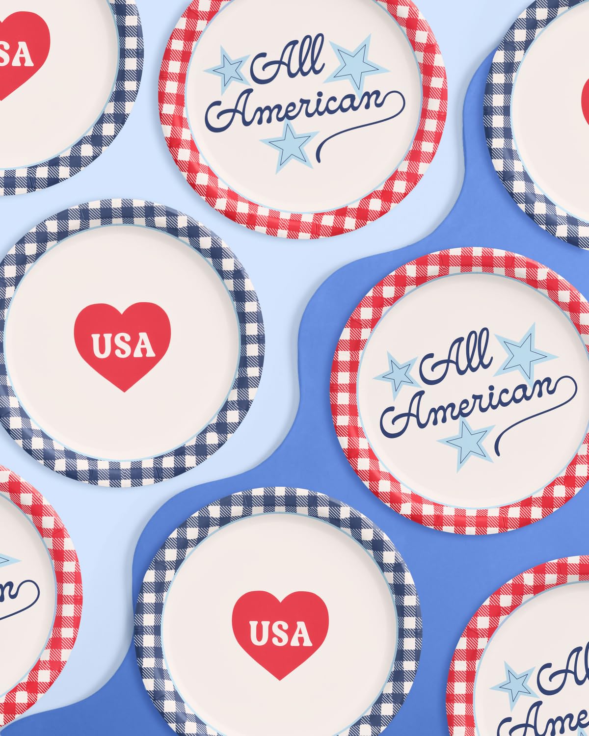 xo, Fetti All American USA Paper Plates | 24 pcs, 9" | 4th of July Tableware, Southern Bachelorette Decorations, Patriotic Dinner Party Setting