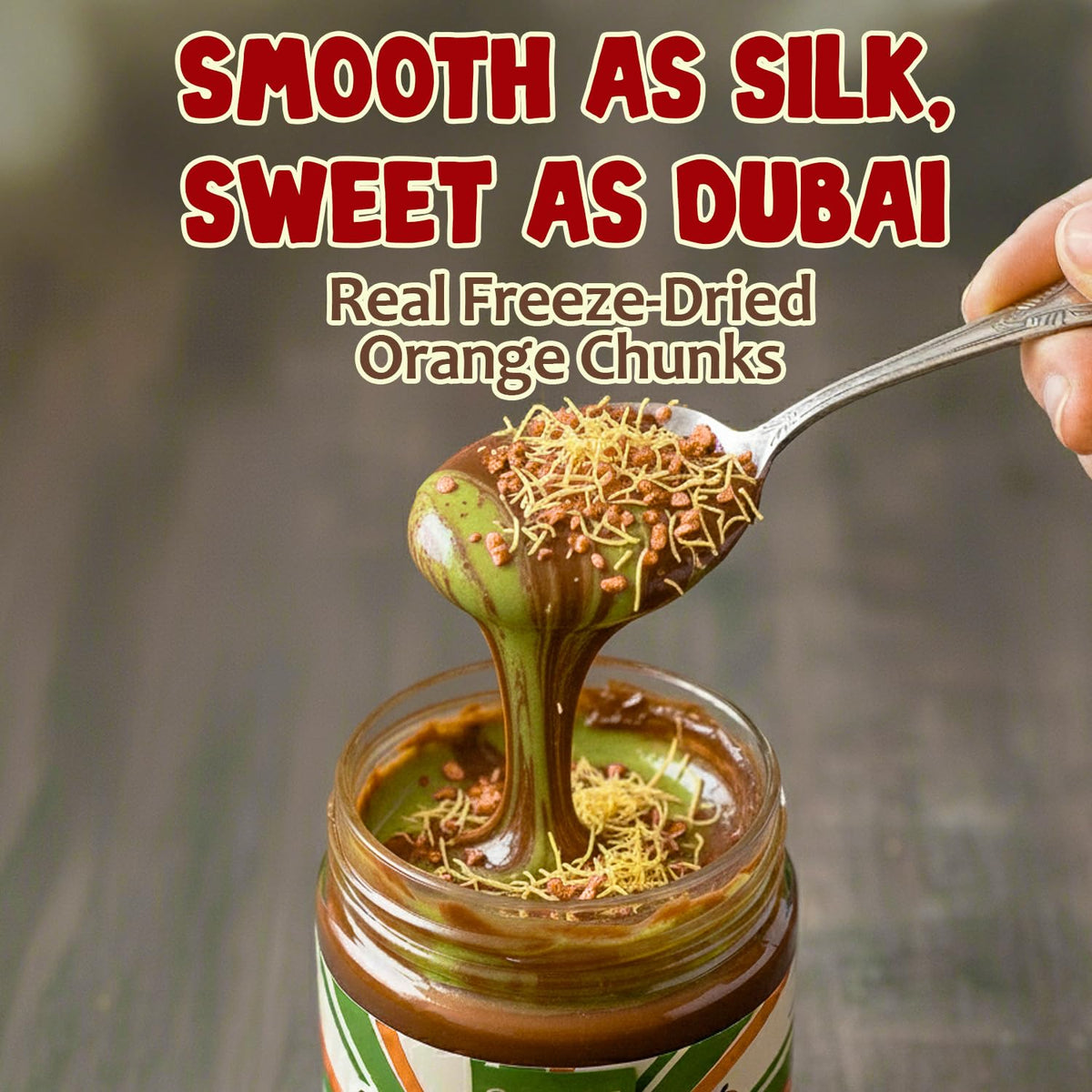 Dubai Spreadable Chocolate with Freeze-Dried Orange - Premium Pistachio Spread with Roasted Phyllo - Gourmet Breakfast Chocolate (9.7 oz / 275g Jar)