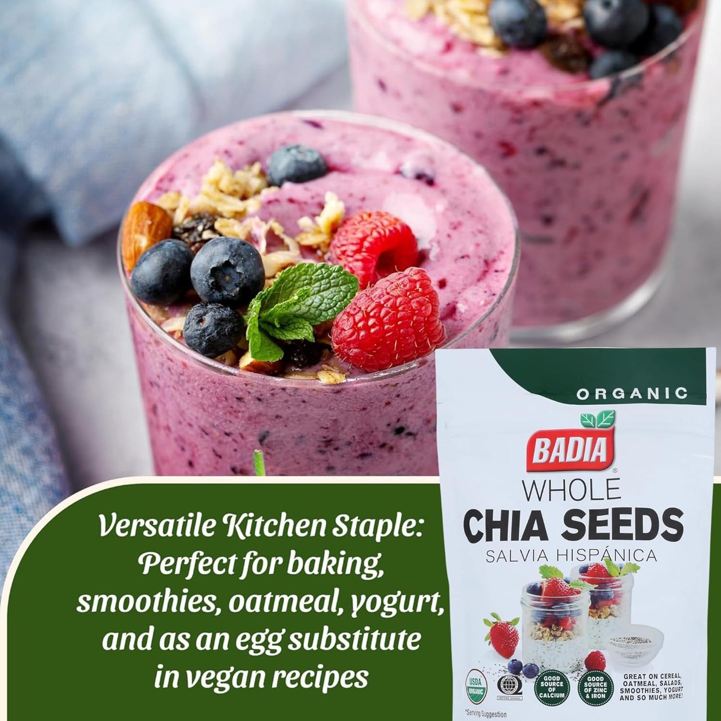 Badia Organic Whole Chia Seeds, 9 oz - Rich in Fiber, Protein, and Omega-3 - Perfect for Smoothies, Baking, Yogurt & Healthy Recipes