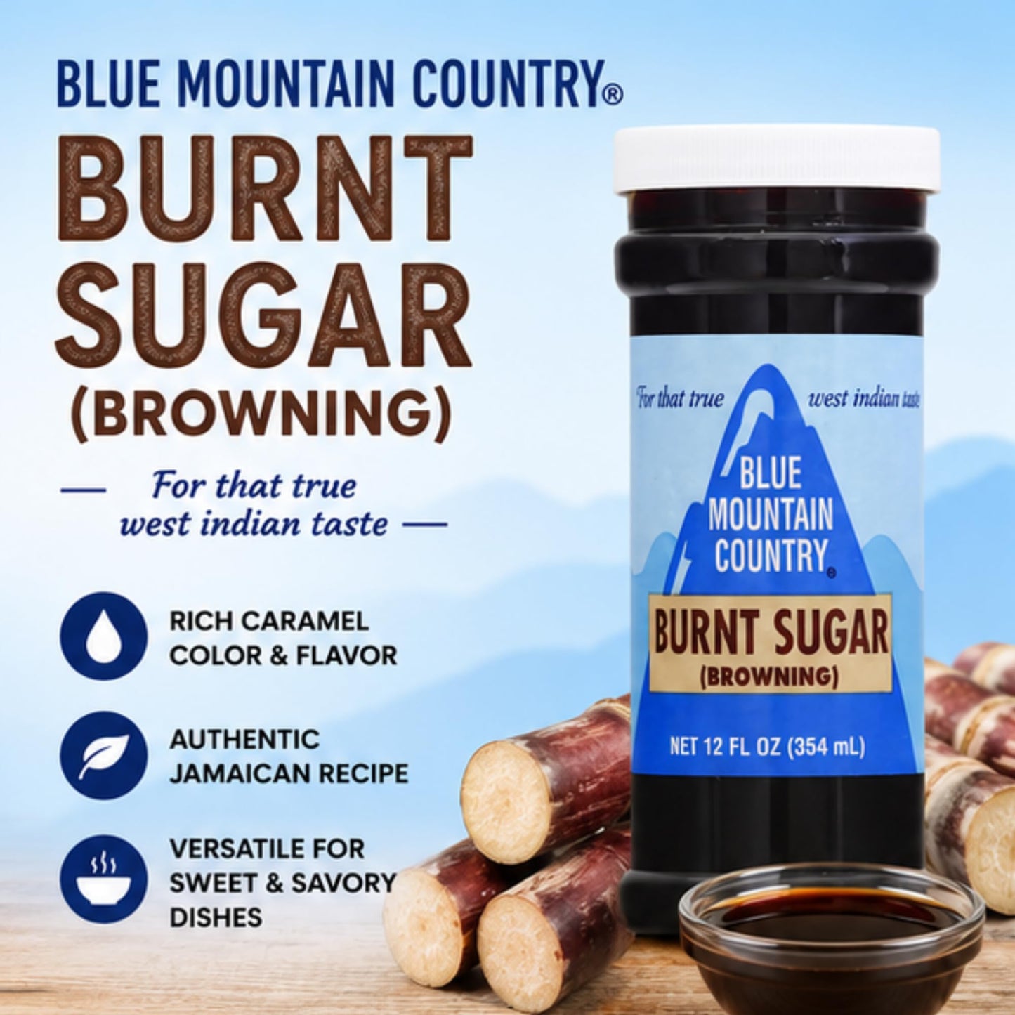Blue Mountain Country Browning (Burnt Sugar) - 12 oz Bottle | Traditional Jamaican Flavoring & Coloring for Stews, Sauces, Gravies & Baking