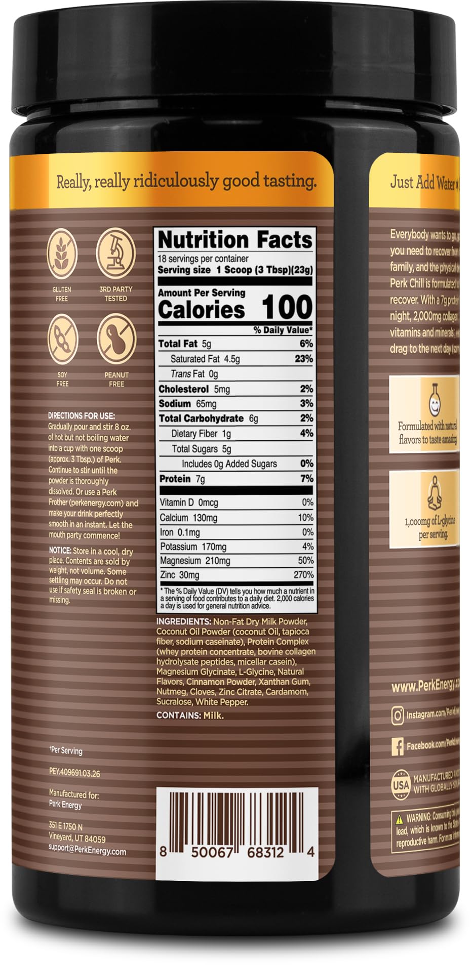 Perk Chill Drink Mix (Chai Latte) 18 Servings - Calming Melatonin-Free Nighttime Sleep Aid Support with Magnesium & L-Glycine, Soy-Free, Peanut-Free