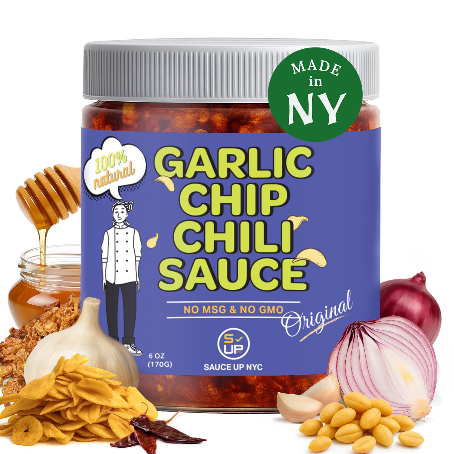 SAUCE UP Original Garlic Chip Chili Sauce - Super Crunchy Artisanal Topping & Condiment | Chef-Curated in NY with Fried Garlic Chips & Peanuts | Bold