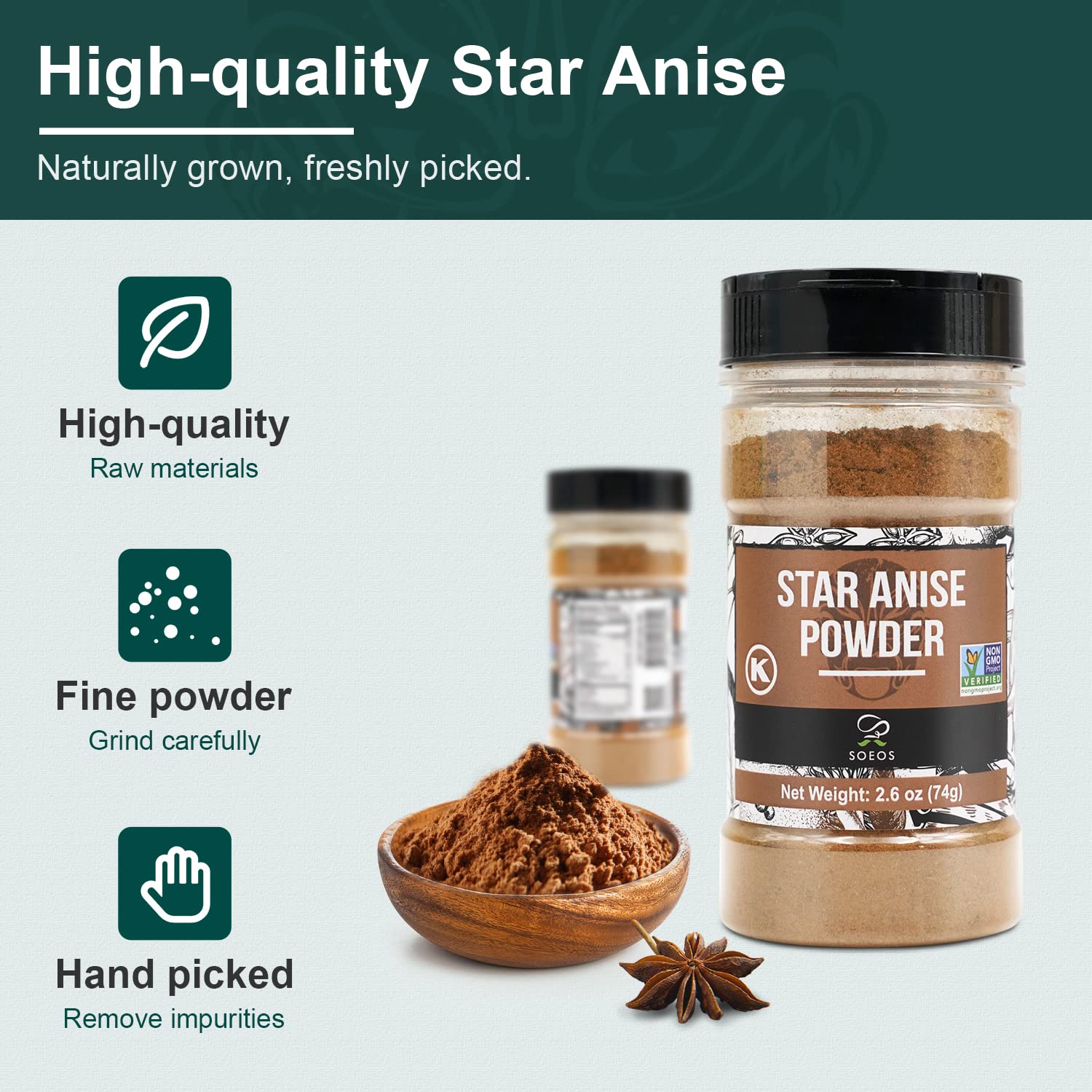 Soeos Chinese Star Anise Powder 2.6 oz (74g), Ground Chinese Star Anise Seeds, Dried Anise Star Spice, Star Anise Bulk, Anise Star. Non-GMO Verified
