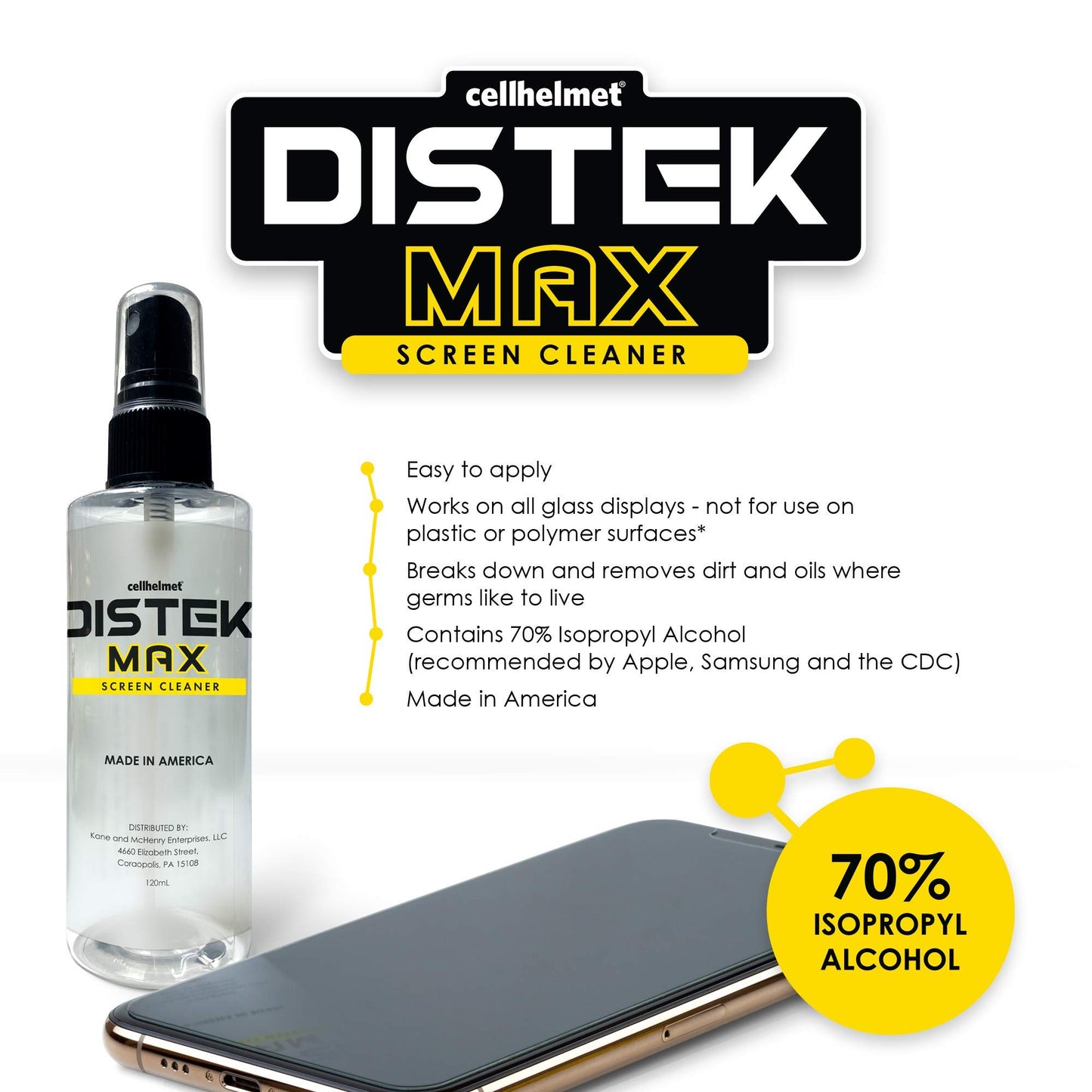 cellhelmet DISTEK Max Screen and Phone Cleaner Disinfectant with 70 Percent Isopropyl Alcohol 70% Universal for All Glass Displays, LCD - 120mL / 4oz