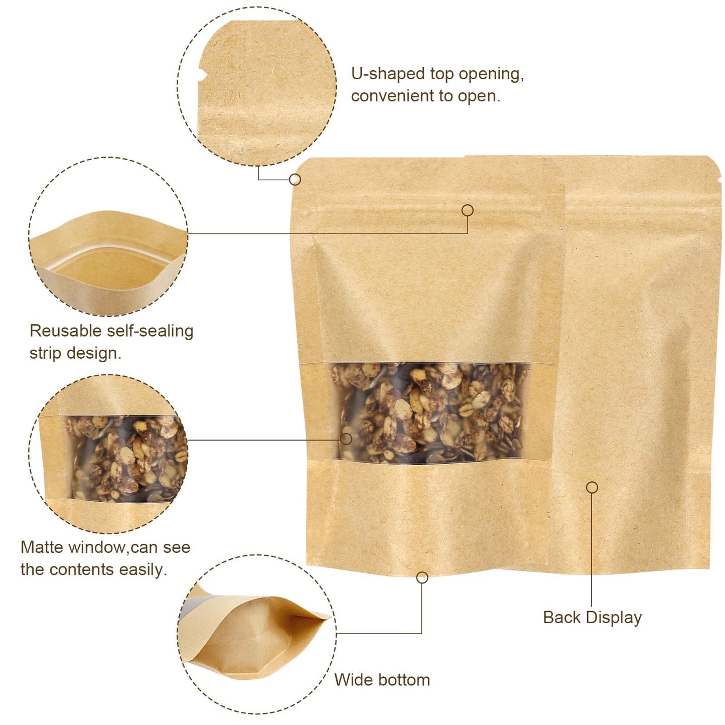 Blisstime Stand Up Pouches, 50 Pack Kraft Paper Bags with Matte Window and Tear Notch Resealable Bags for Small Business Home Use (6.5 x 8.7 Inches)
