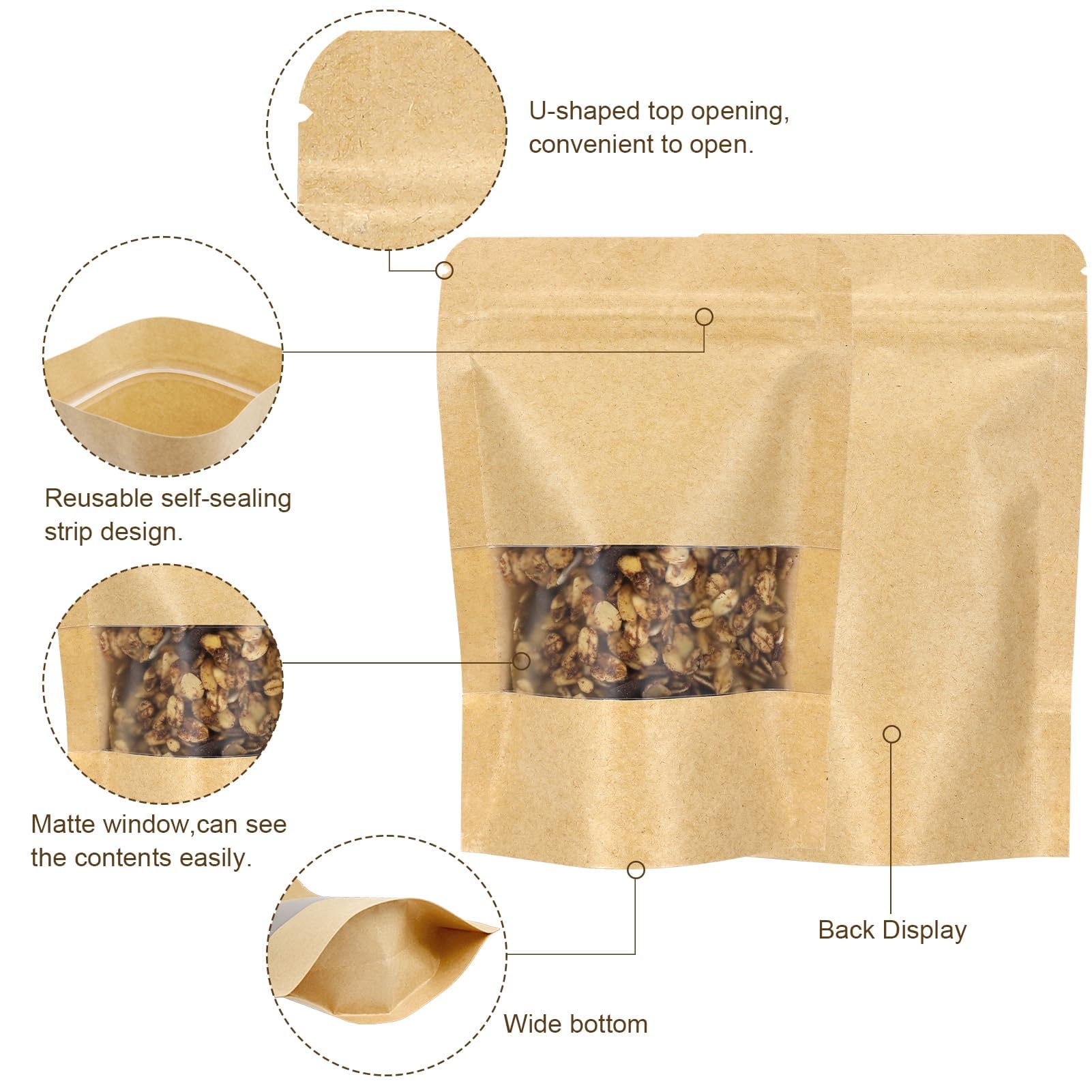 Blisstime Stand Up Pouches, 50 Pack Kraft Paper Bags with Matte Window and Tear Notch Resealable Bags for Small Business Home Use (6.5 x 8.7 Inches)