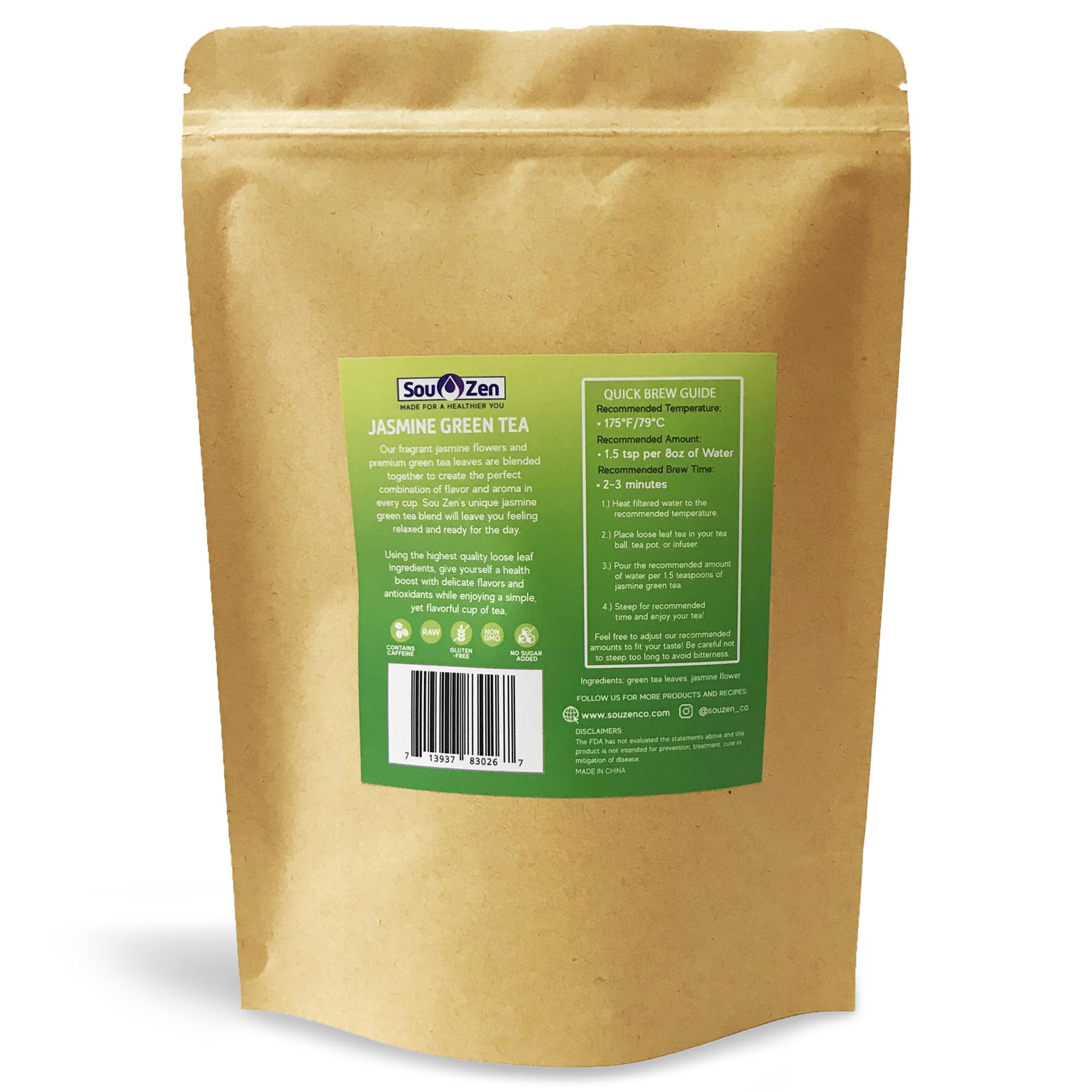 Sou Zen Jasmine Green Tea Loose Leaf Blend, 4oz | Green Tea Leaves with Jasmine Flowers | Fragrant Loose Leaf Jasmine Tea | Resealable Pouch | No
