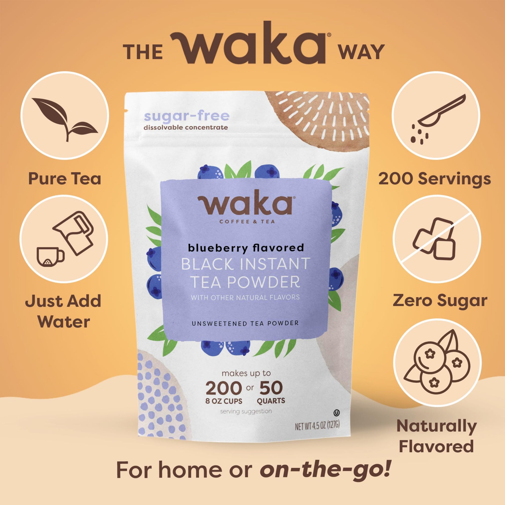 Waka Instant Black Tea Mix, Blueberry Flavored - 100% Tea Leaves, No Additives, Unsweetened Tea Powder for 50 Quarts or 200 Cups - Easy and Quick Hot