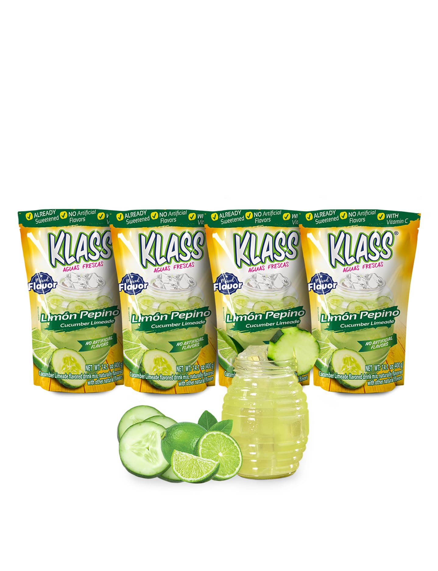 Klass Aguas Frescas Drink Mix Family Pack - Cucumber Limeade - Powder Drink Mix, Water Drink Mix with Natural Flavors & Vitamin C, Makes 28 to 36