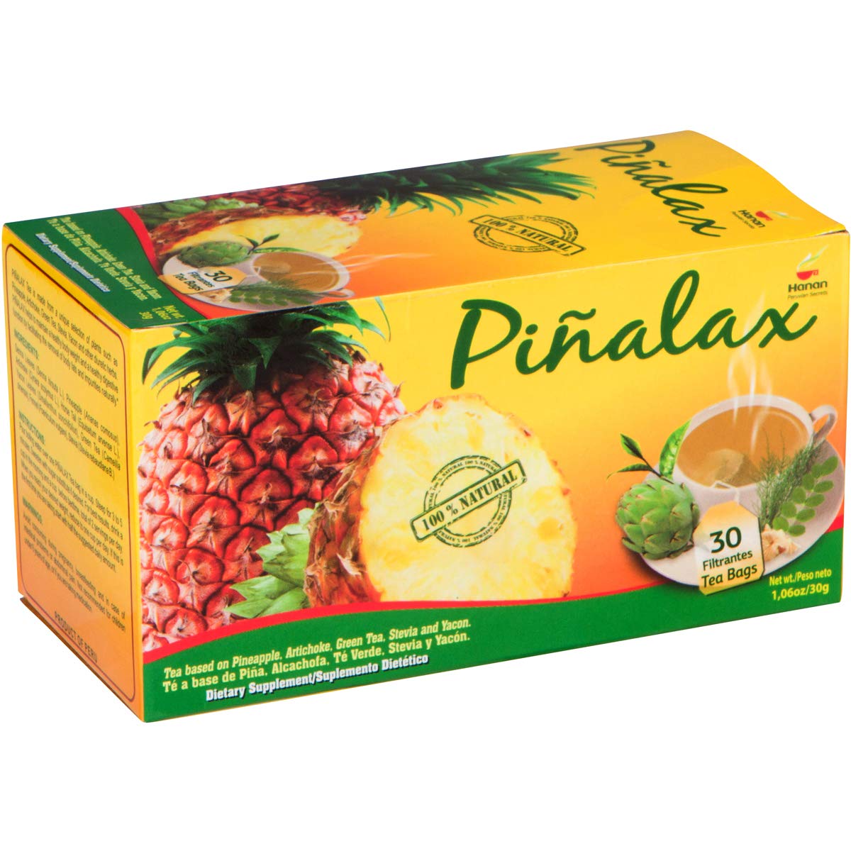 PINALAX Pineapple Piña 100% Natural Blend Detox-Tea promotes digestion | Artichoke, Green Tea, Stevia, Yacon, Senna, Horsetail, and Fennel | 30 Tea