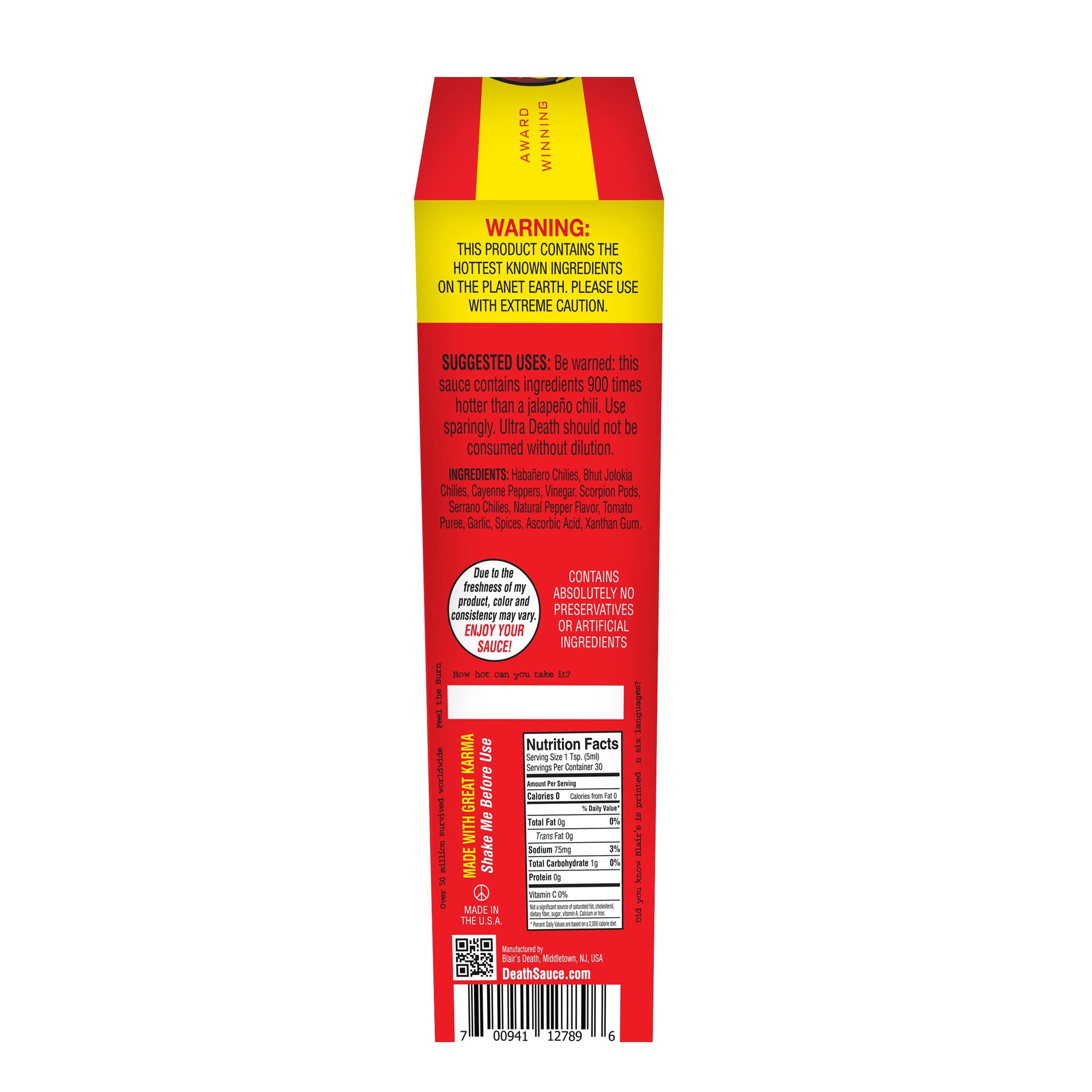Blair's Ultra Death Sauce 5 Oz - Habanero, Jolokia, Scorpion Peppers - 900x Hotter Than a Jalapeno! - Comes with Skull Key Chain