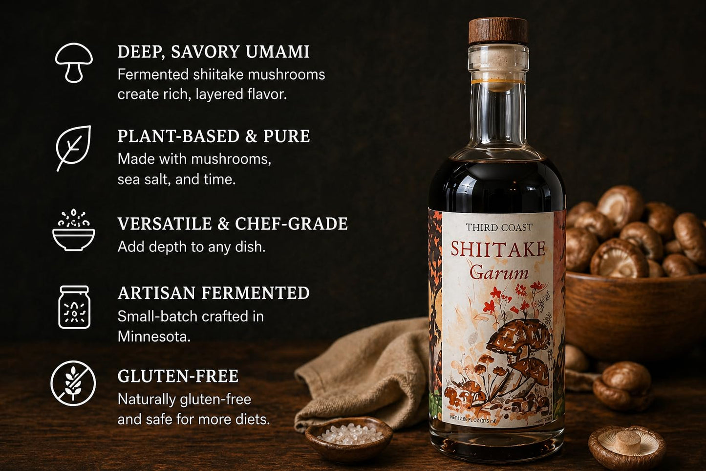 Third Coast Superior Shiitake Garum, Fermented Mushroom Umami Sauce, Plant-Based, Gluten-Free, 12.68 Fl Oz